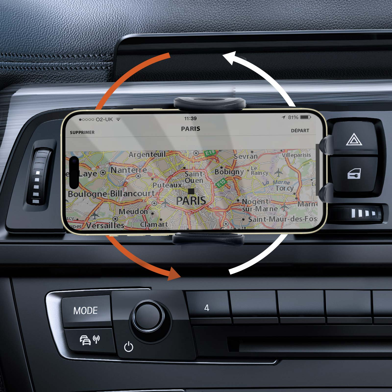 Supporto per auto con telefono che mostra una mappa di Parigi.