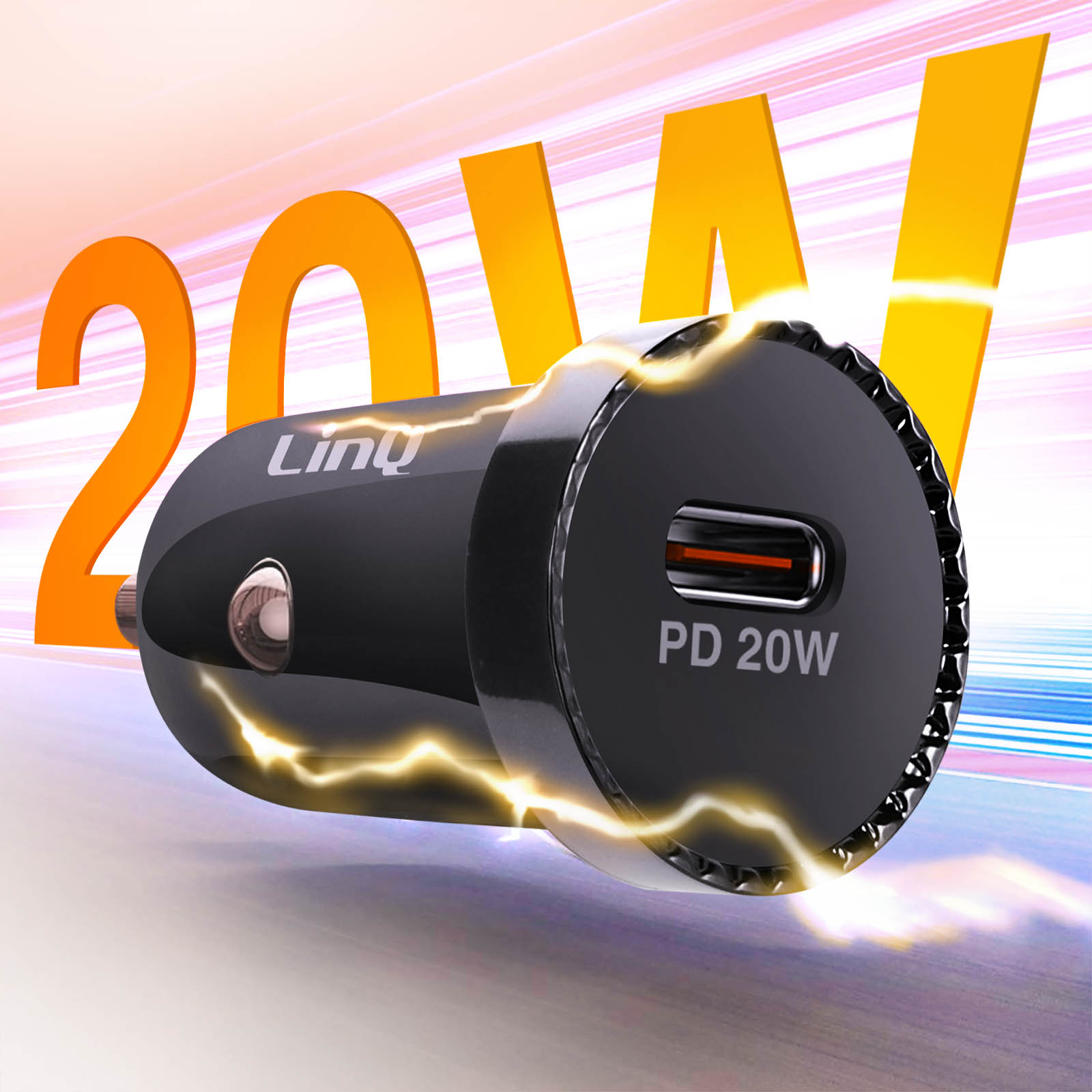 Schwarzes Autoladegerät mit PD 20W Aufschrift und dem Wort 'Linq'. Gelber Lichteffekt.