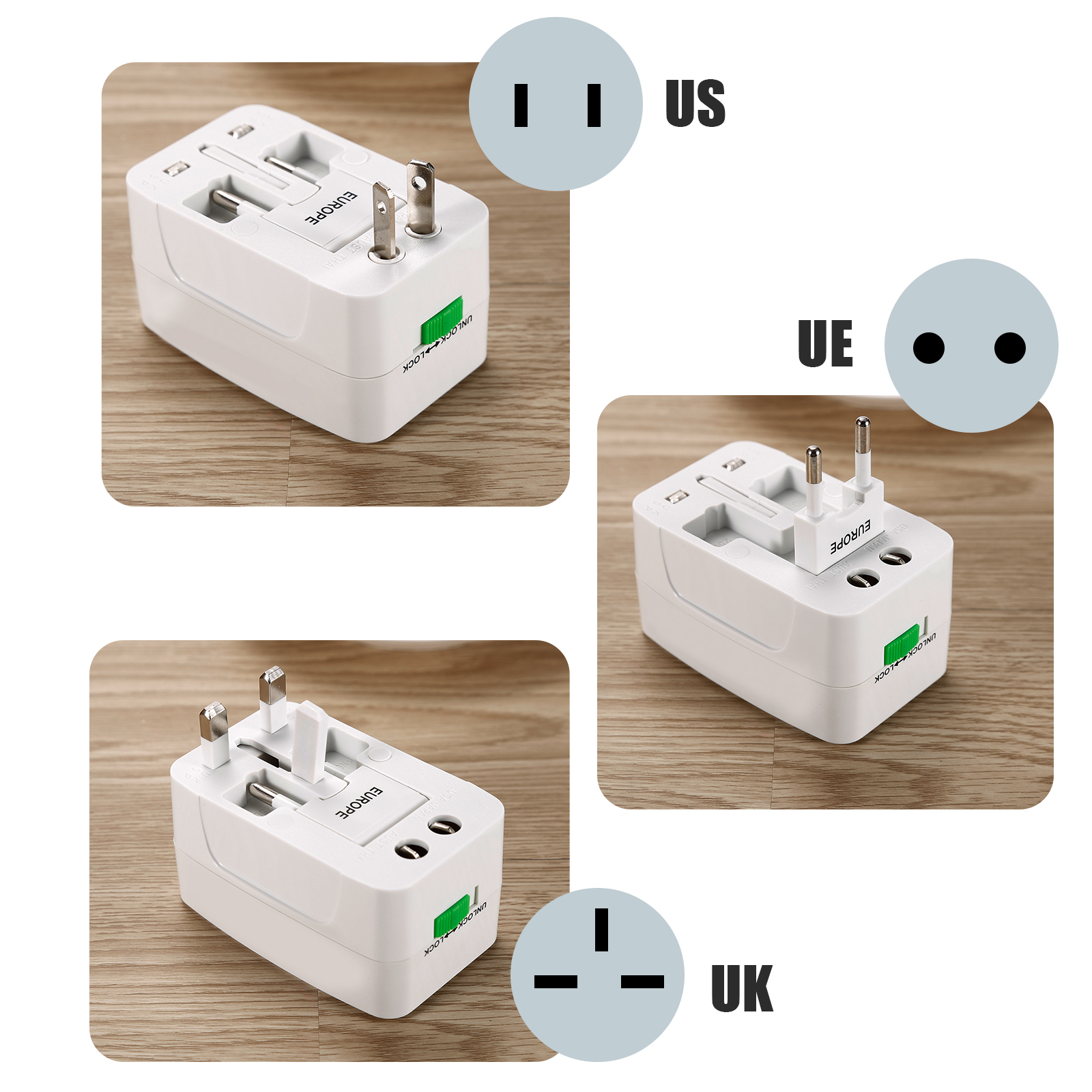 Adattatore da viaggio bianco con più configurazioni di spina. Tipi di spina US, UE e UK.