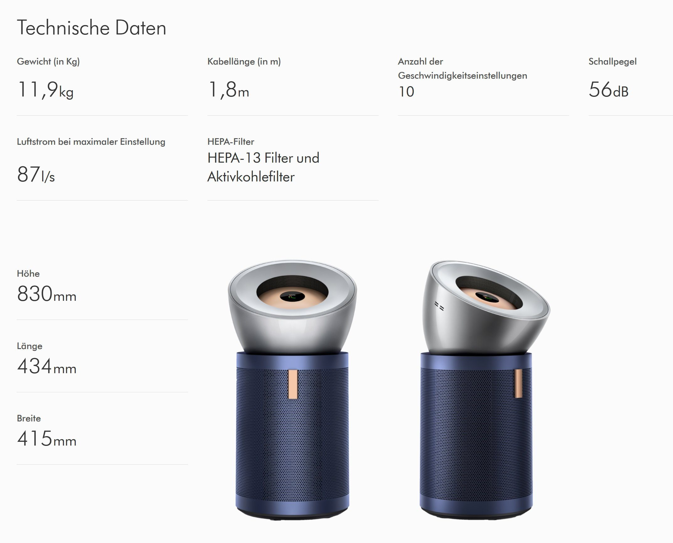 Technische Daten eines Produkts. Zeigt Abmessungen und Filterdetails. Zwei Produktbilder sind abgebildet.