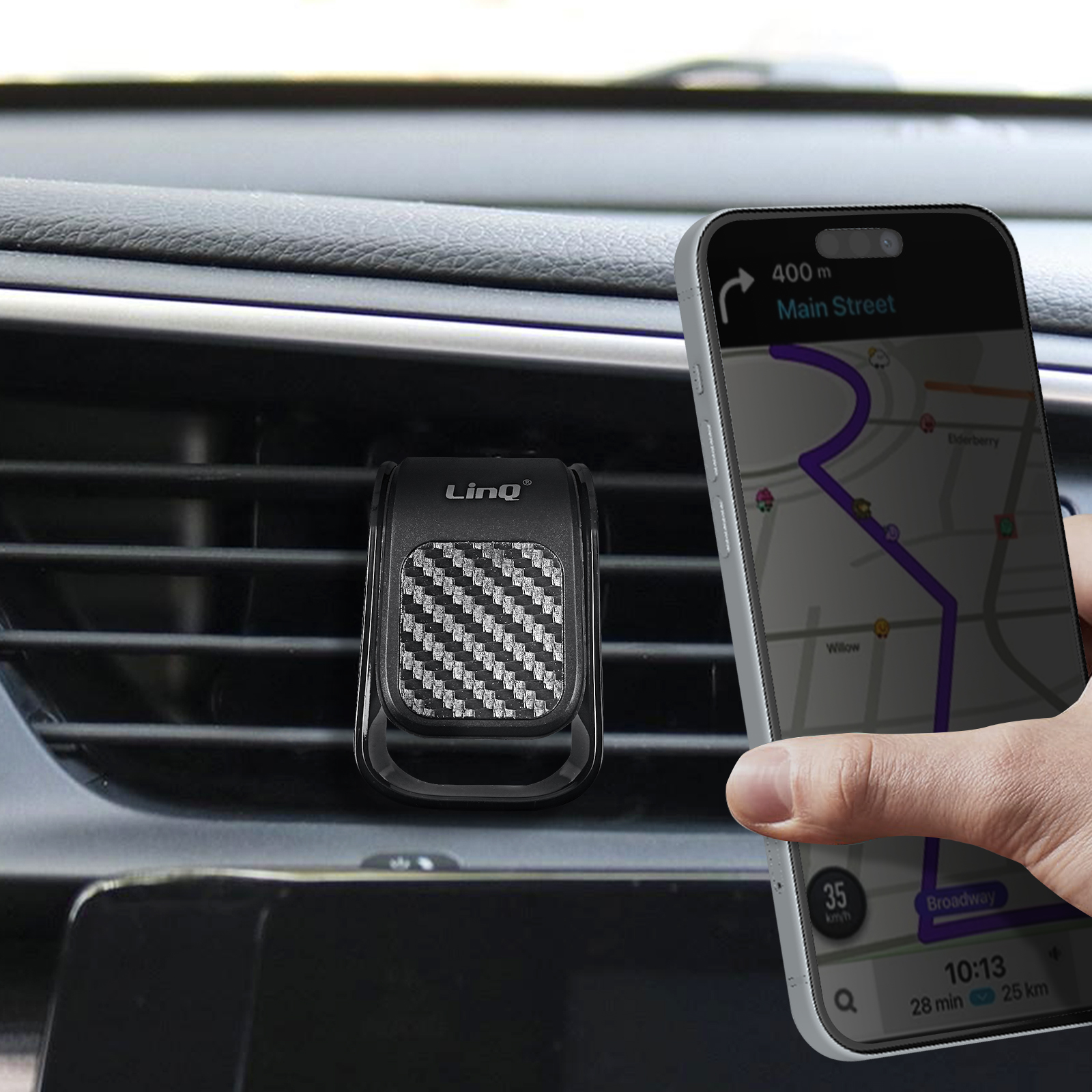 Supporto per telefono per auto con dettaglio in fibra di carbonio. Mostra la navigazione.
