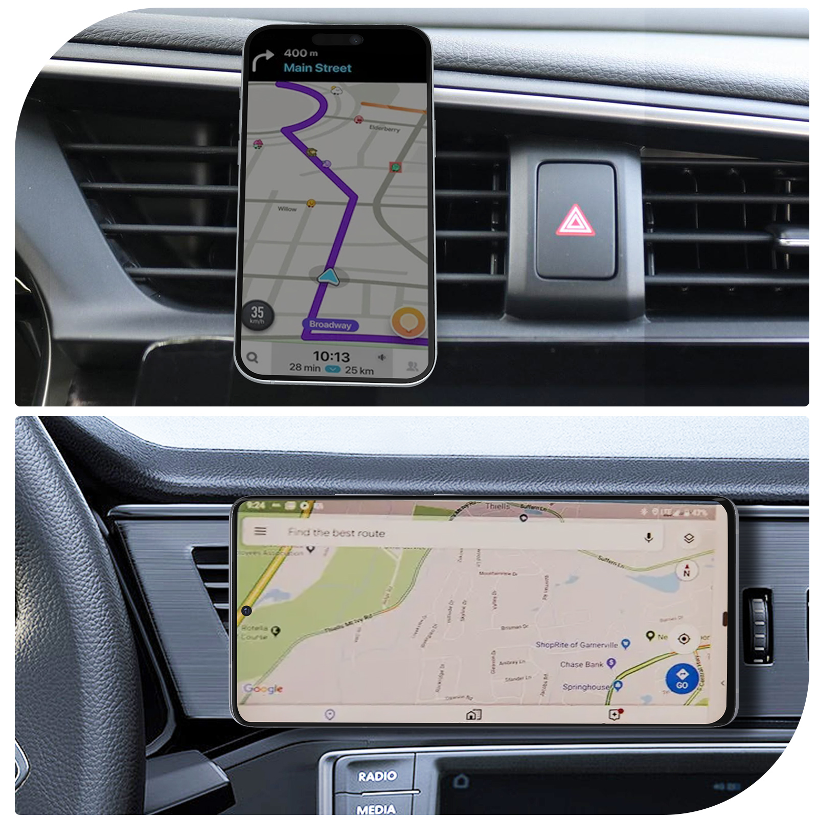 Due supporti per telefono in un'auto, uno con un'app di navigazione, l'altro con un'app di mappe.