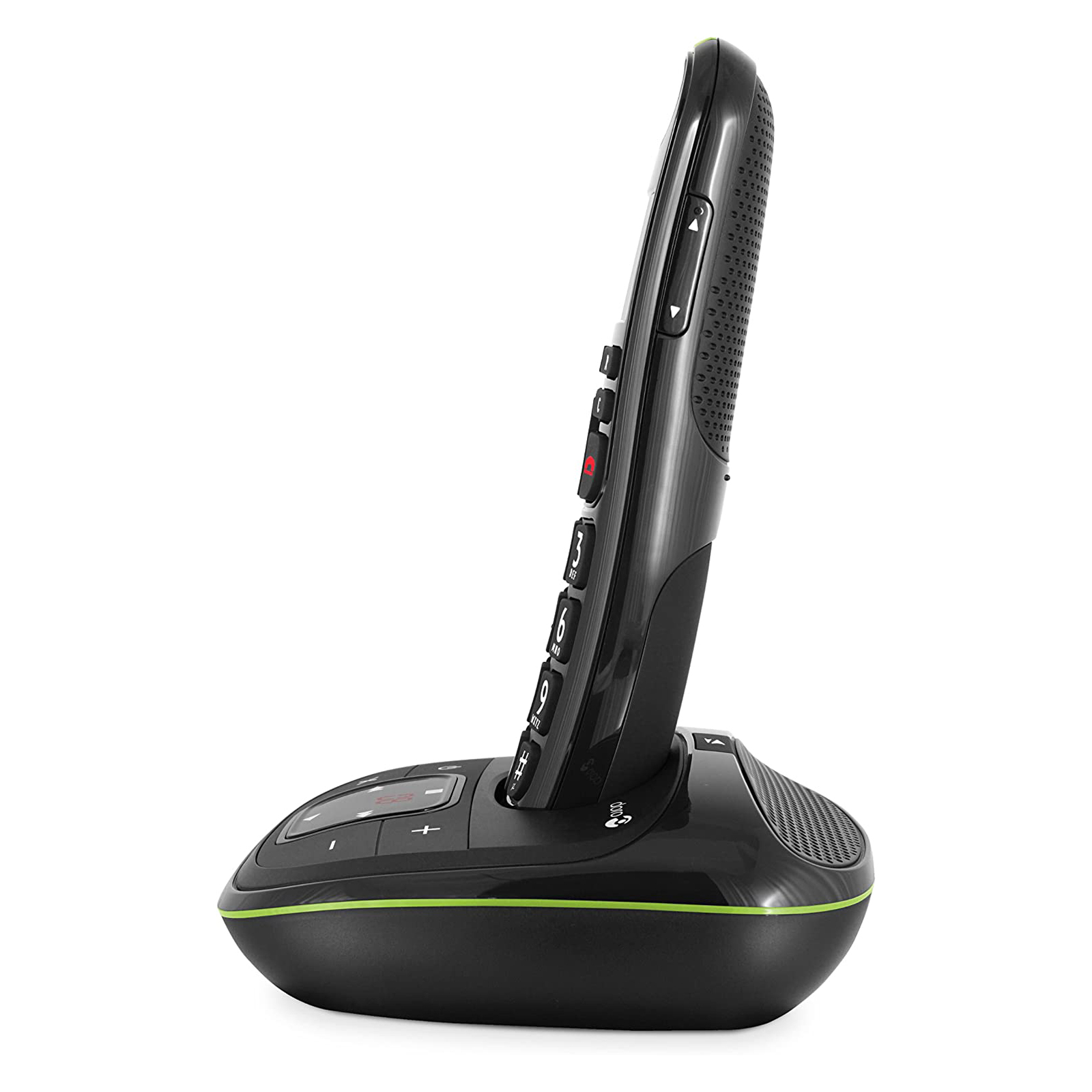 Un teléfono fijo negro está en su base. El auricular está inclinado hacia arriba. La base tiene detalles verdes.