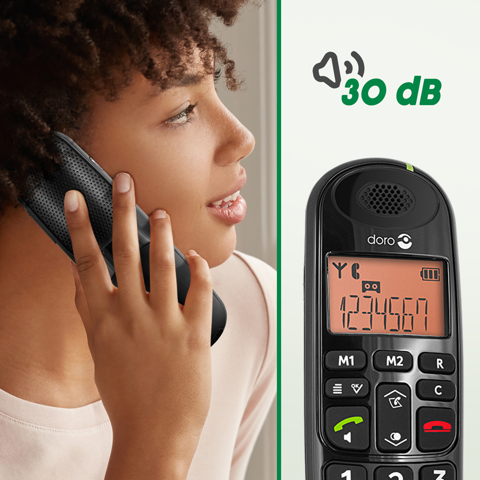 Mujer usando un teléfono negro con botones grandes y número en pantalla.