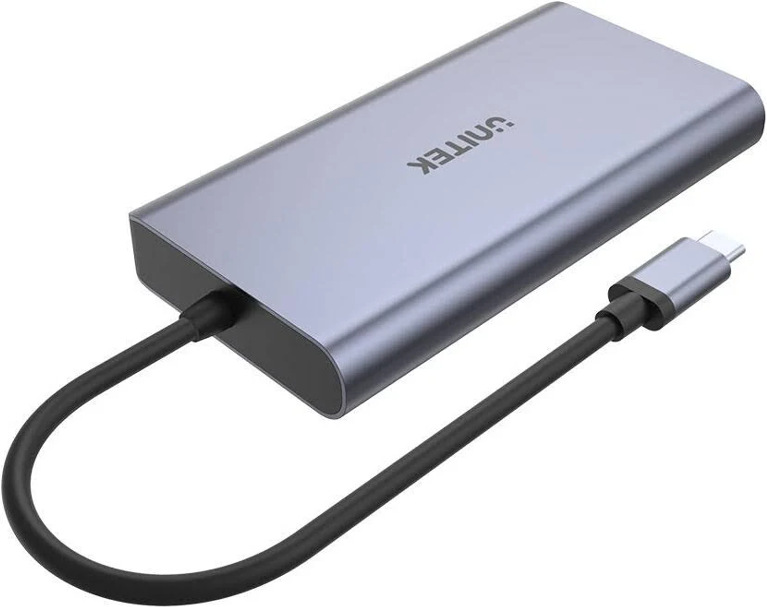 Silberner UNITEK-Hub mit USB-C-Kabel, auf weißem Hintergrund.