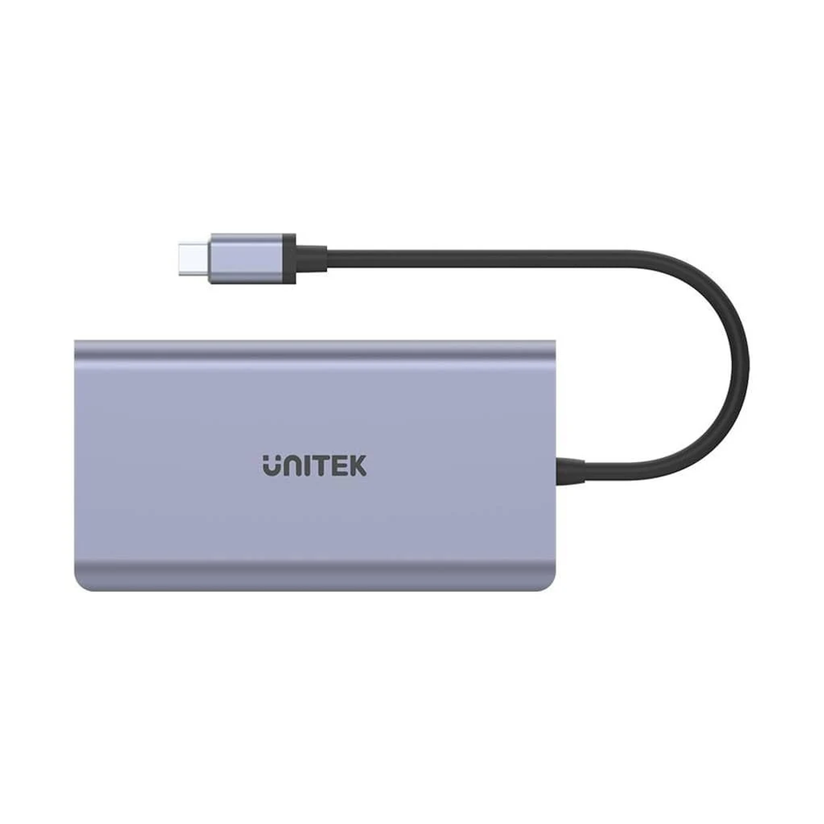 Ein grauer USB-C-Hub der Marke UNITEK mit angeschlossenem USB-C-Kabel, vor weißem Hintergrund.