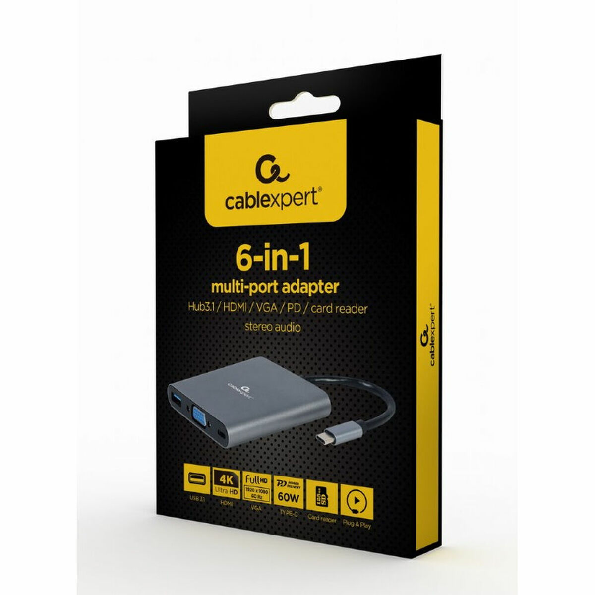 6-in-1 Multiport-Adapter-Box. Grauer Adapter, schwarze Box mit Symbolen und Markennamen.