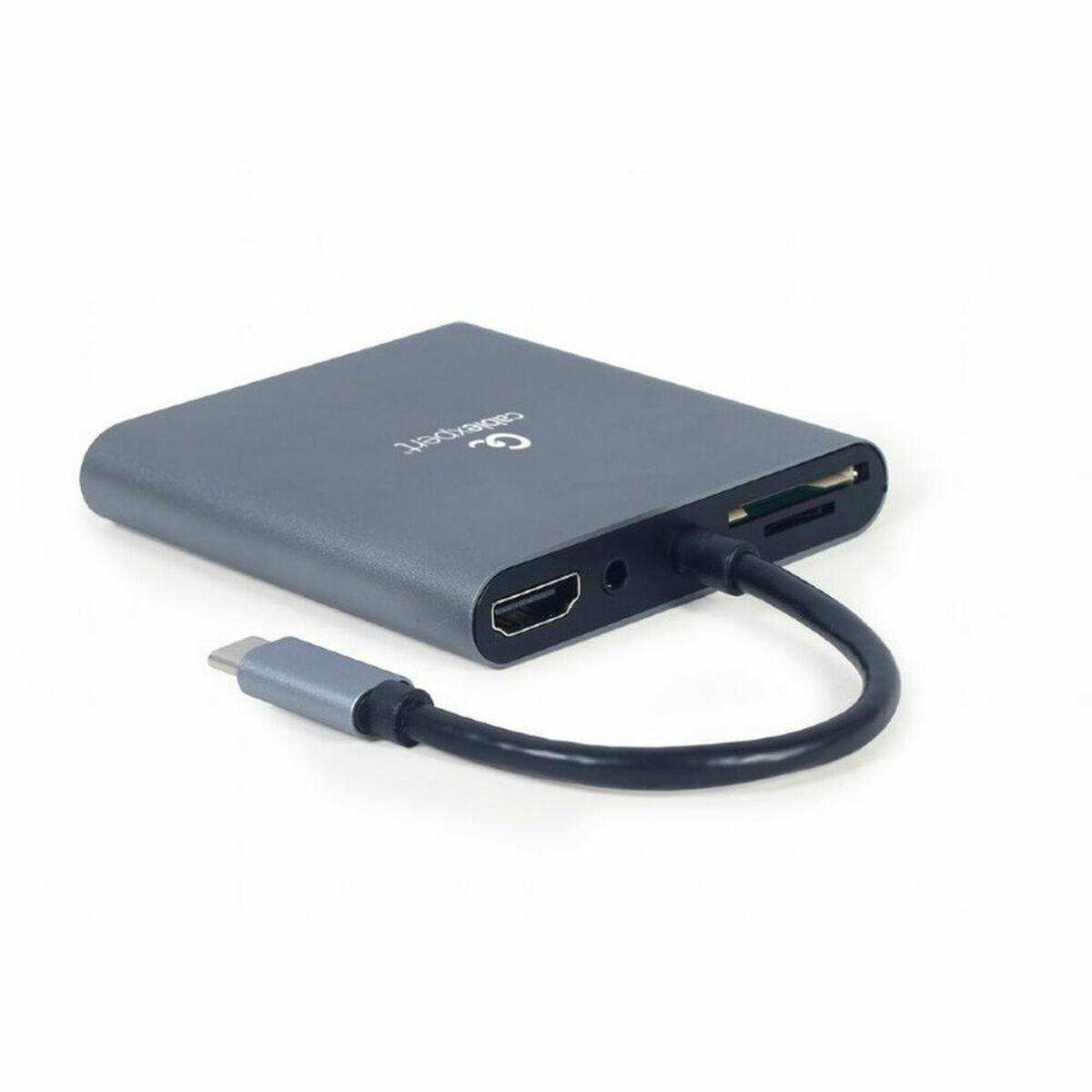 Grauer Adapter mit HDMI-, SD-Karten- und USB-C-Anschlüssen. Ein schwarzes Kabel mit USB-C-Anschluss.