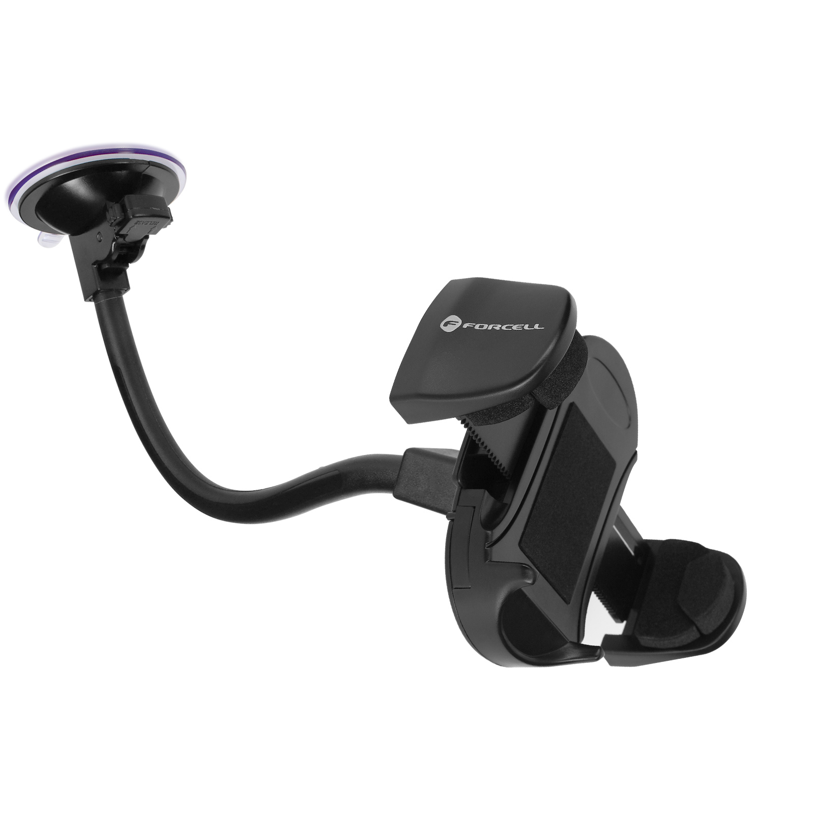 Schwarzer Autotelefonhalter mit Saugnapf und flexiblem Arm.