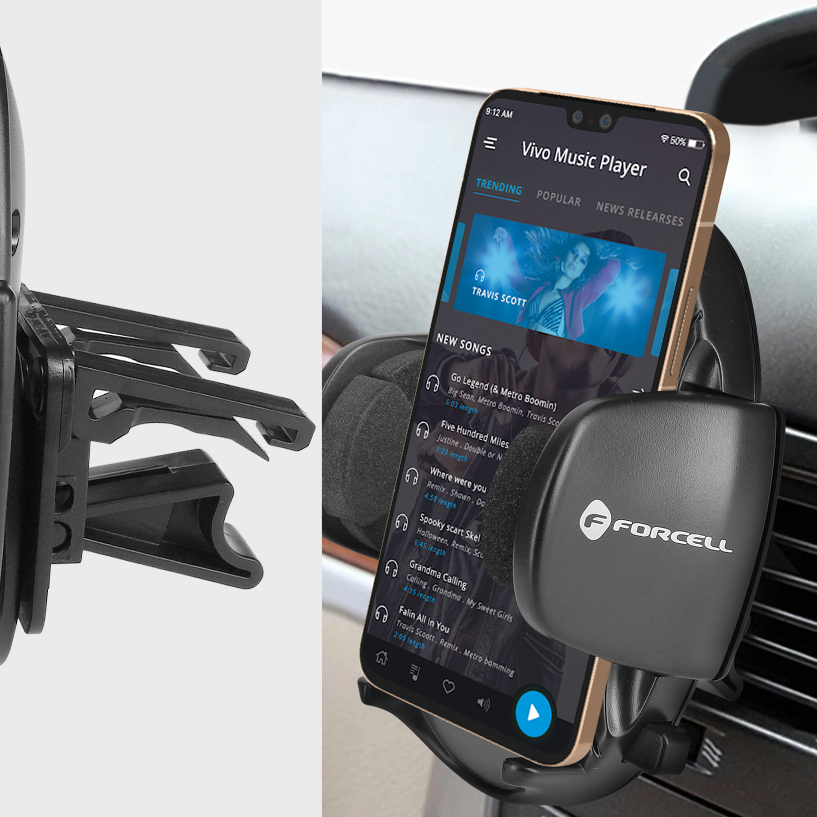 Telefon in Autohalterung zeigt Musik-Player-App. Der Halter ist an der Lüftung befestigt.