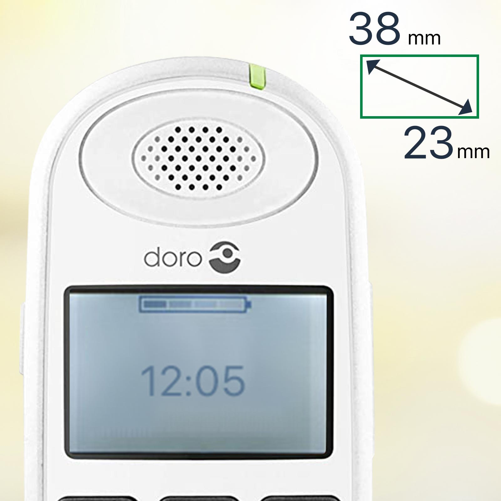 Telefono cordless bianco, schermo con 12:05, indicatore verde, con dimensioni.