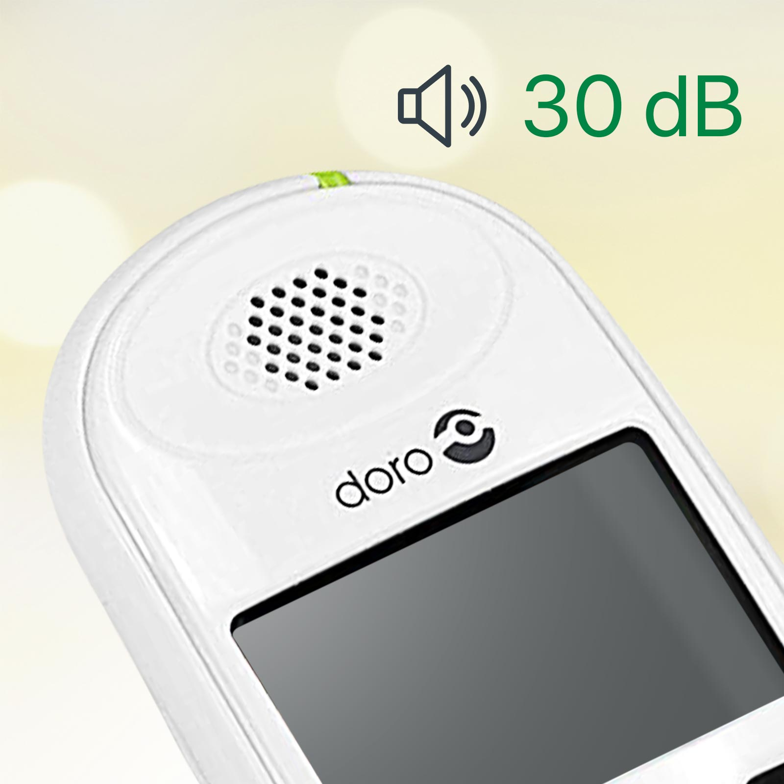 Telefono Doro bianco con altoparlante, schermo e indicatore di 30 dB.