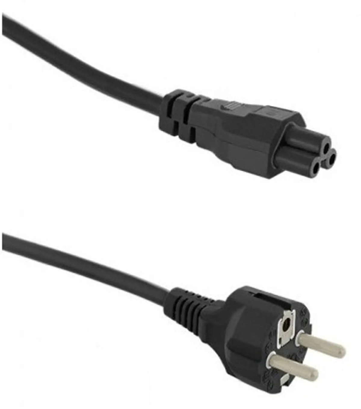 Ein schwarzes Netzkabel mit einem europäischen Stecker an einem Ende und einem dreipoligen Stecker am anderen.