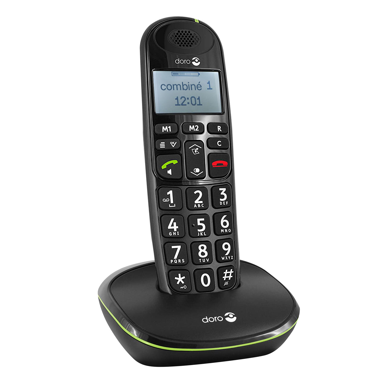 Teléfono inalámbrico Doro negro sobre base. La pantalla muestra la hora. Teclado numérico, botones.