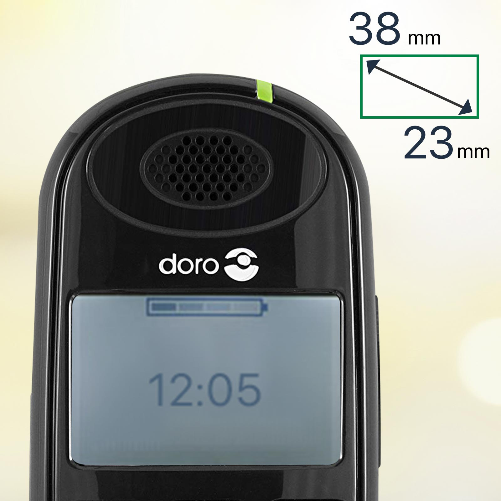 Primer plano de un teléfono negro con pantalla que muestra la hora. La parte superior tiene una luz verde y el logotipo de Doro es visible.
