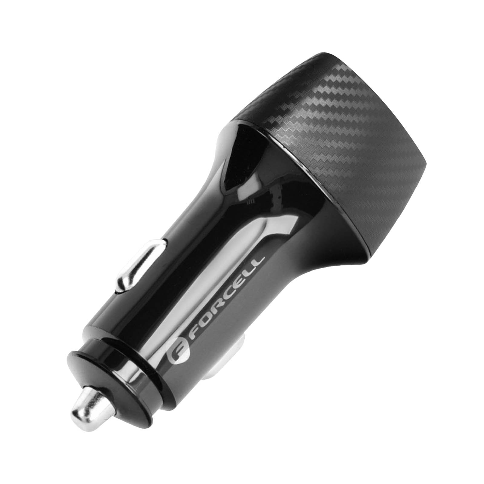 Schwarzes Autoladegerät mit einem Carbonfaser-Design oben.