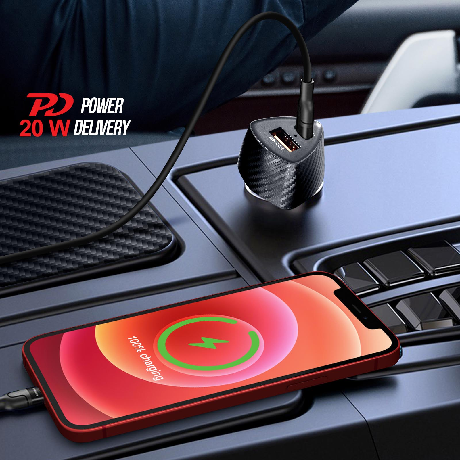 Ein Autoladegerät, das ein Telefon lädt. Der Text lautet: Power 20W Delivery.