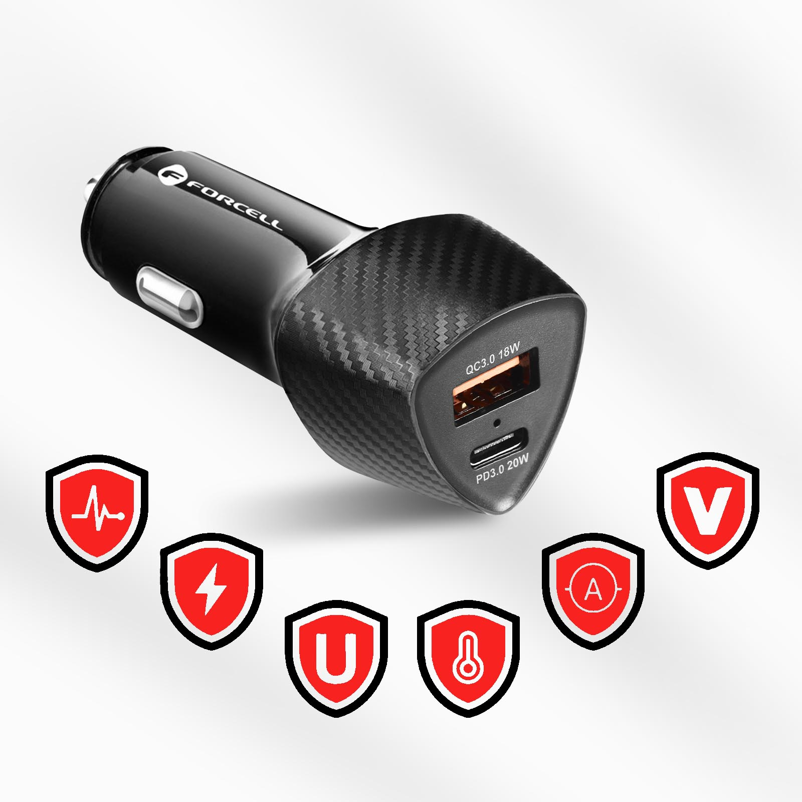 Schwarzes Autoladegerät mit USB-Anschlüssen und Sicherheitssymbolen drumherum.