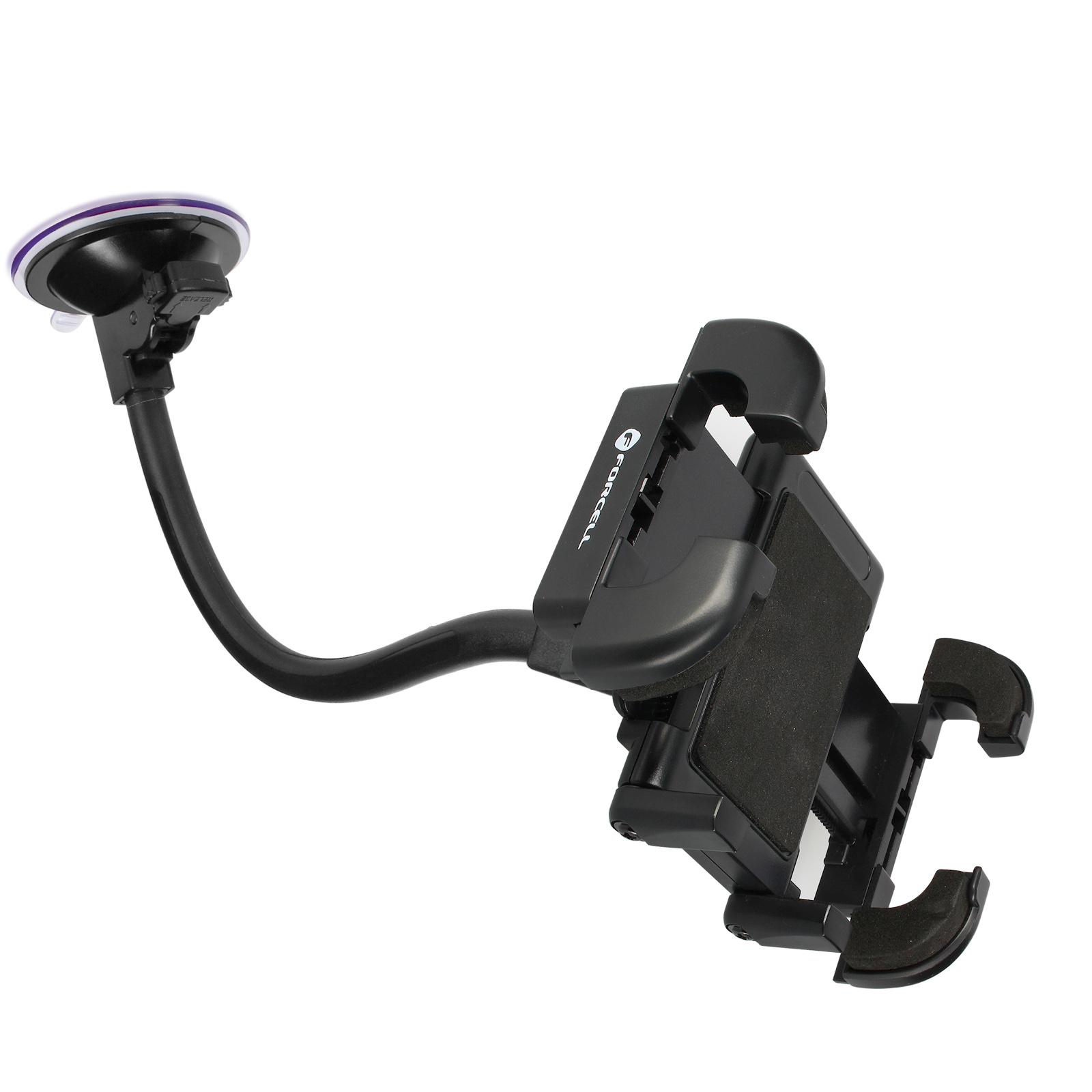 Ein schwarzer Telefonhalter mit flexiblem Arm und Saugnapf. Der Halter hat Schaumstoffgriffe.