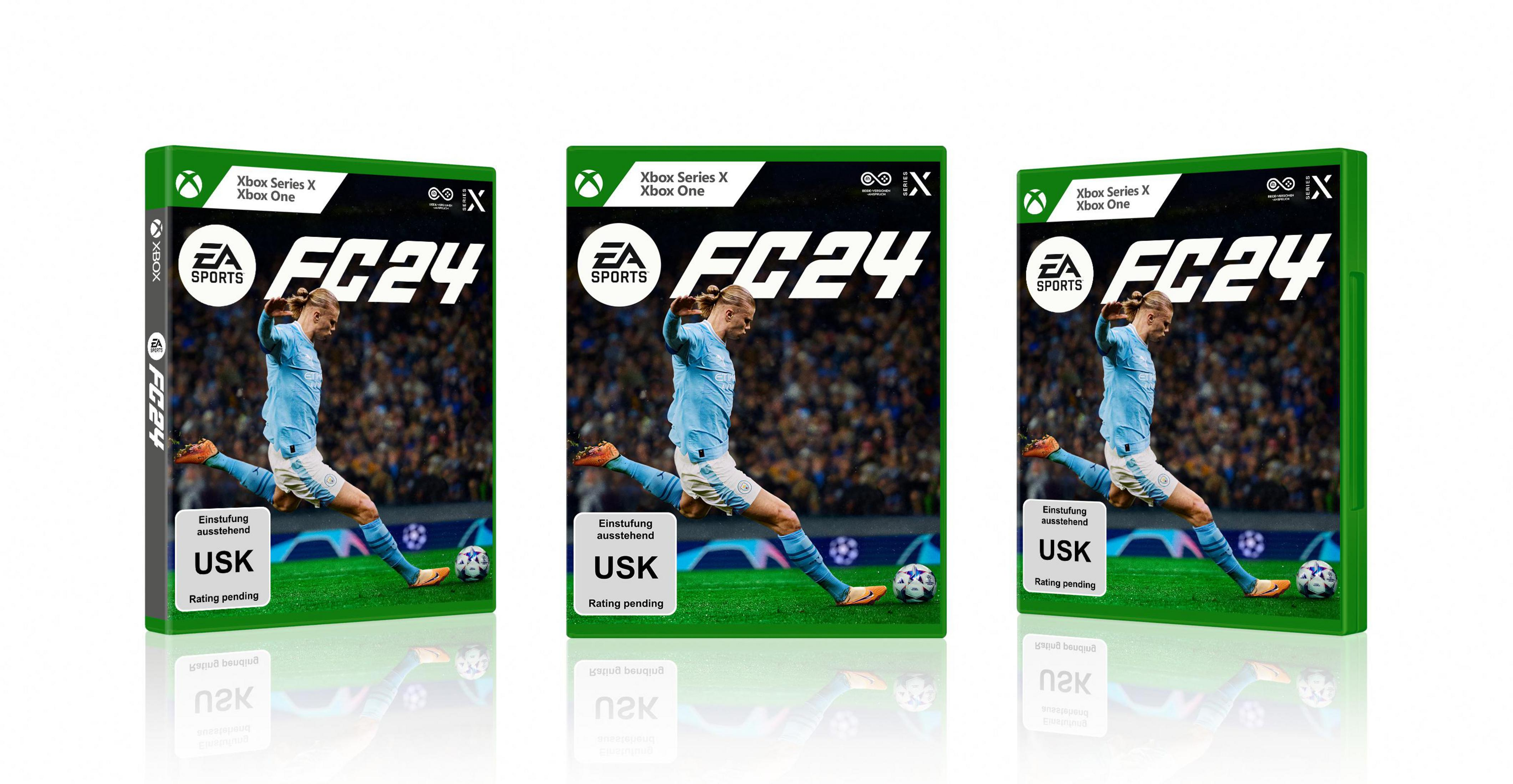 Trzy pudełka gier Xbox EA Sports FC24, z piłkarzem w akcji.