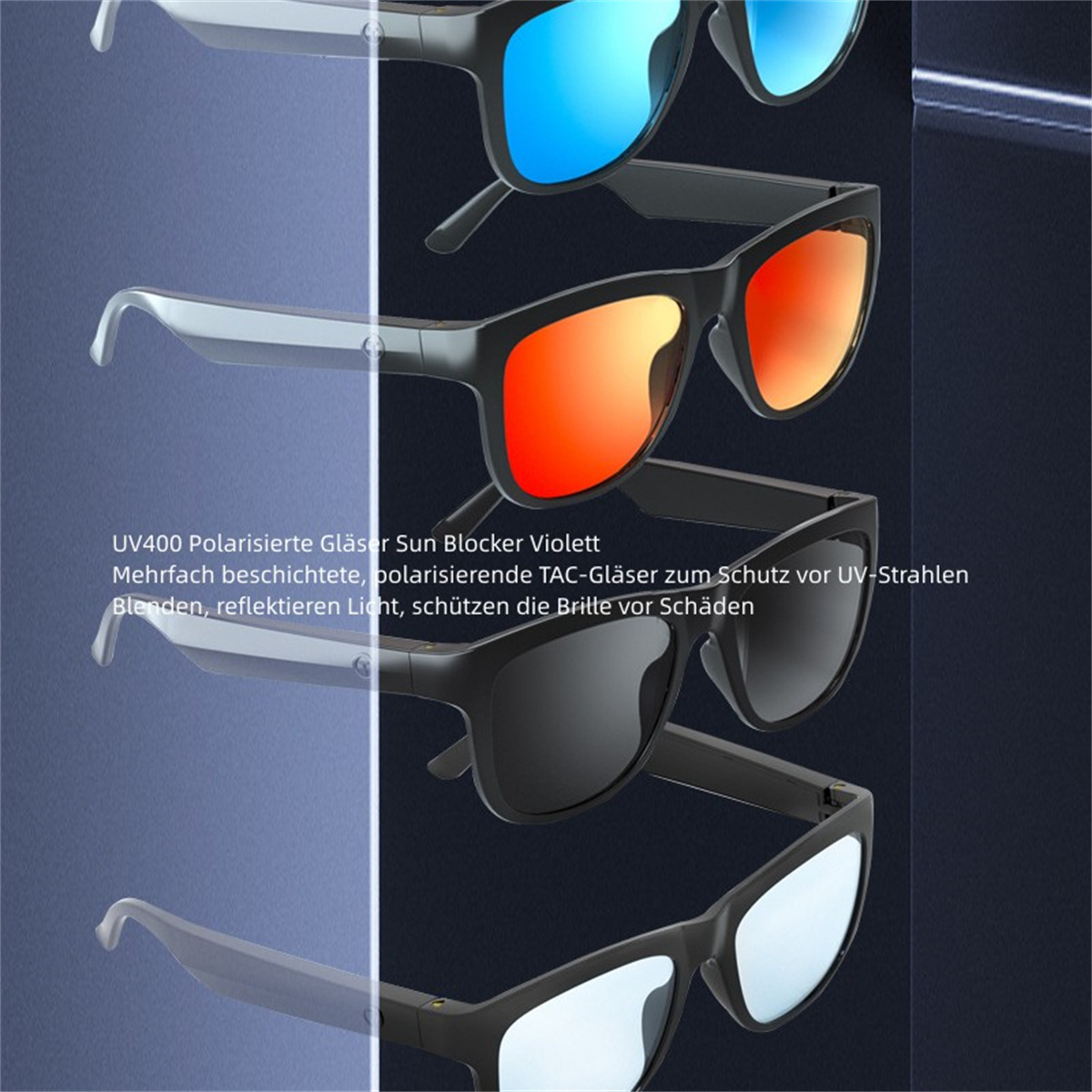 Cuatro pares de gafas de sol con lentes de diferentes colores sobre fondo degradado. Marcos negros.