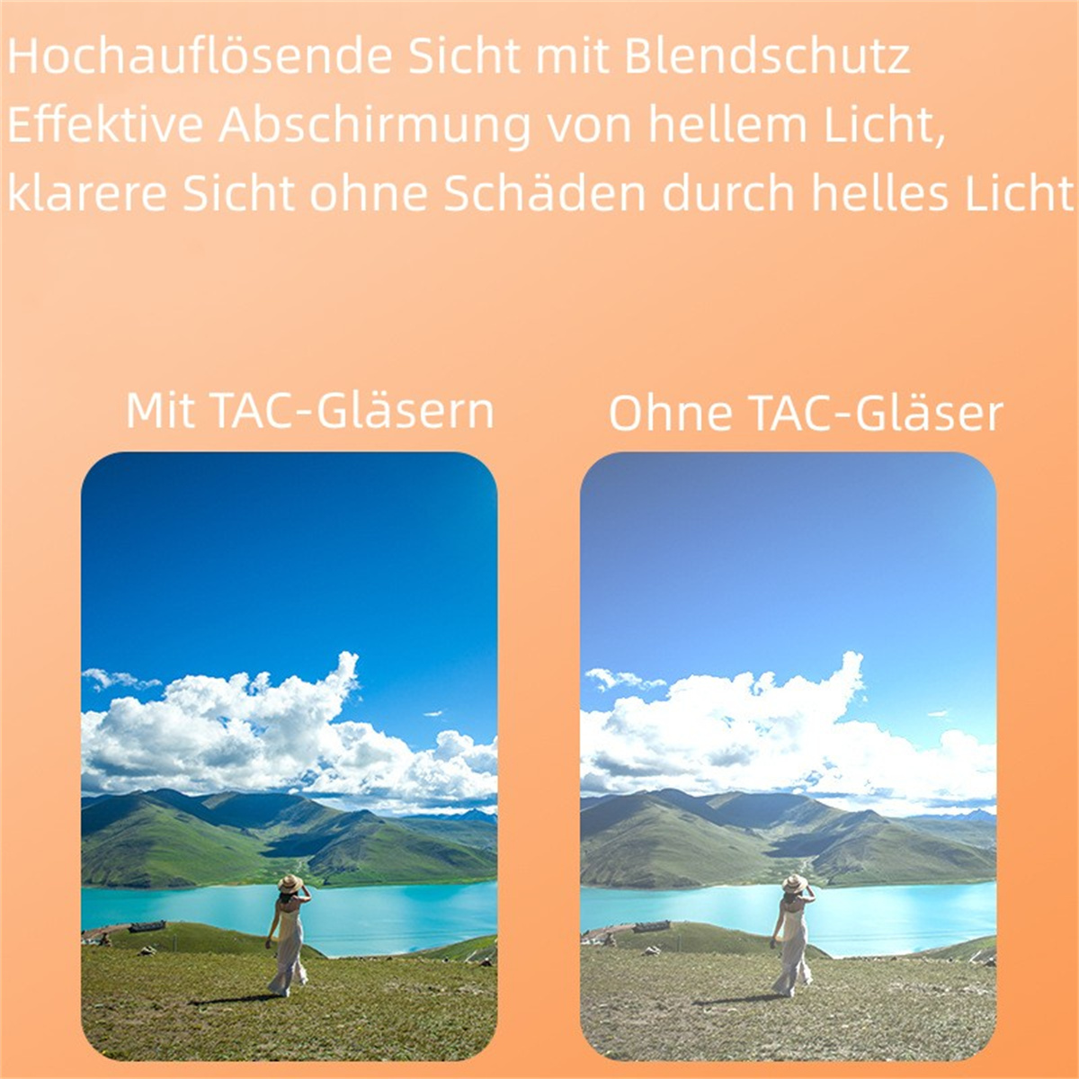 Dos imágenes que muestran un paisaje. Una con gafas TAC y otra sin. Ambas tienen cielo soleado y agua.