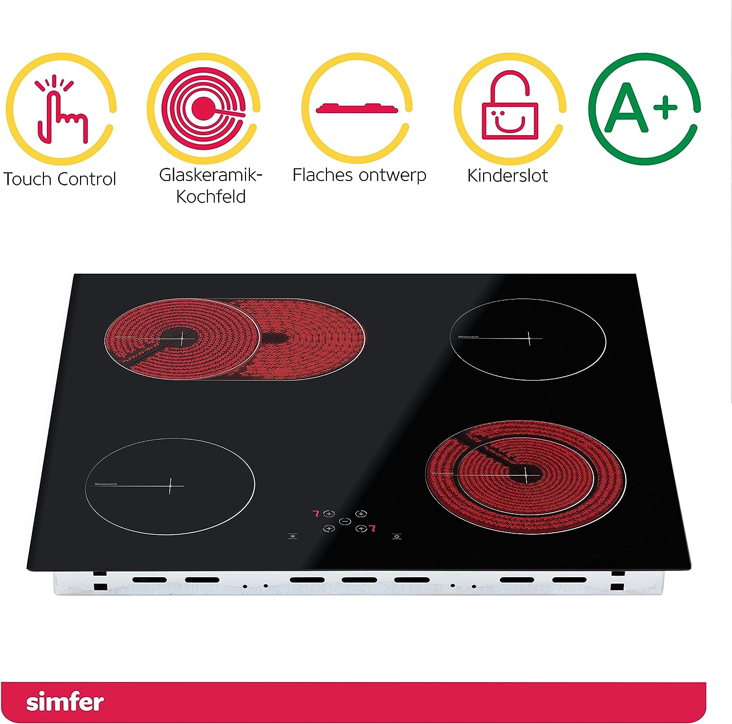 A, Herdset (Glaskeramikkochfeld, Einbau – Kindersicherung, Autark, 62 Herdset Knöpfe, Aluminium SIMFER l) Türgriff Funktionen, 3