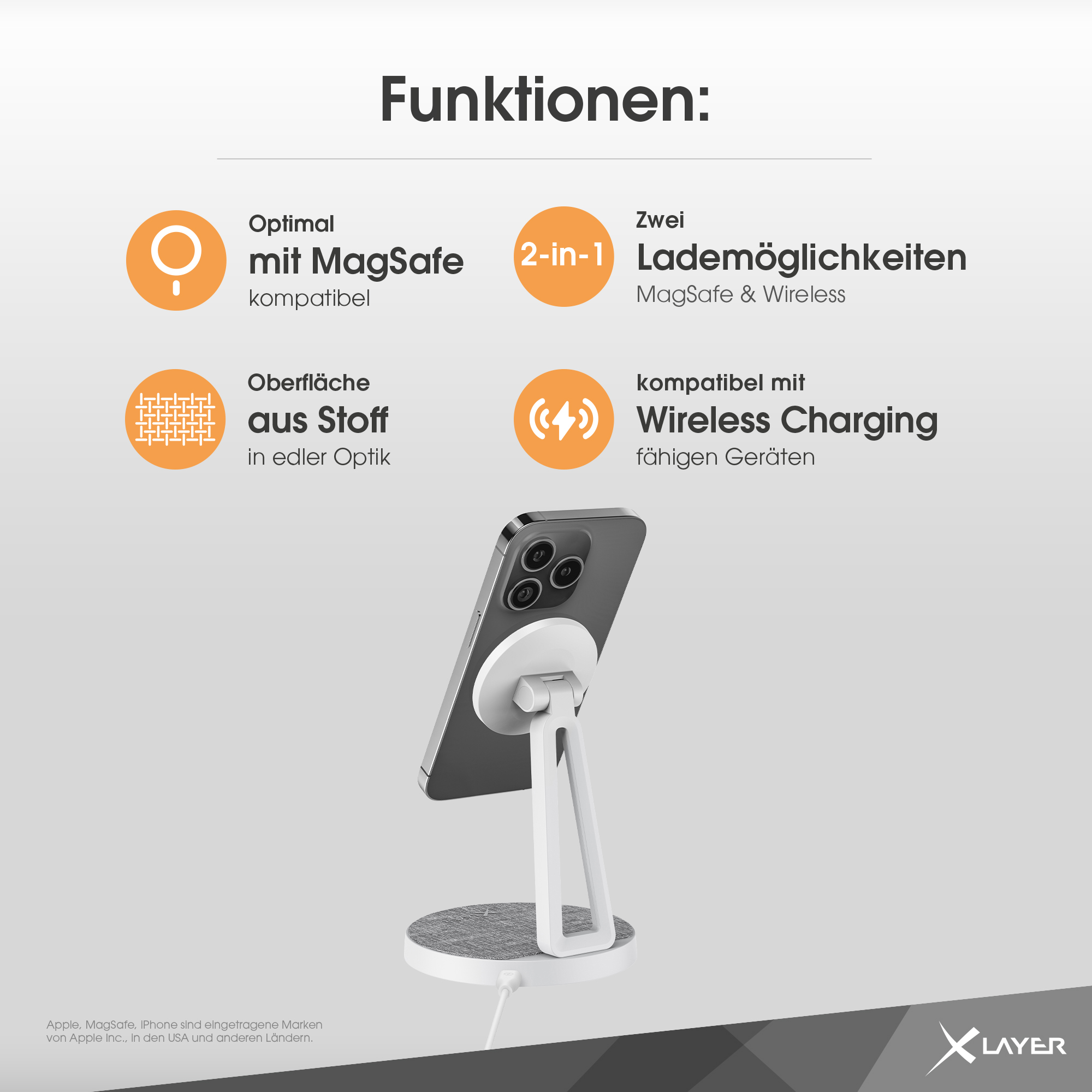 Ein Telefonständer mit Telefon, der Funktionen wie MagSafe und kabelloses Laden anzeigt.