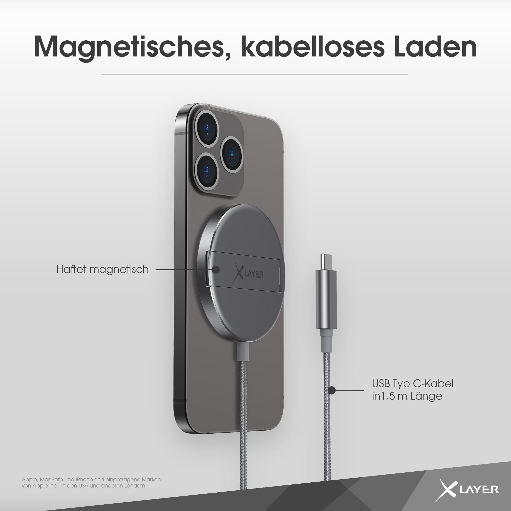 Telefon auf einem grauen magnetischen Ladegerät. Graues Kabel verbunden. Text auf Deutsch.