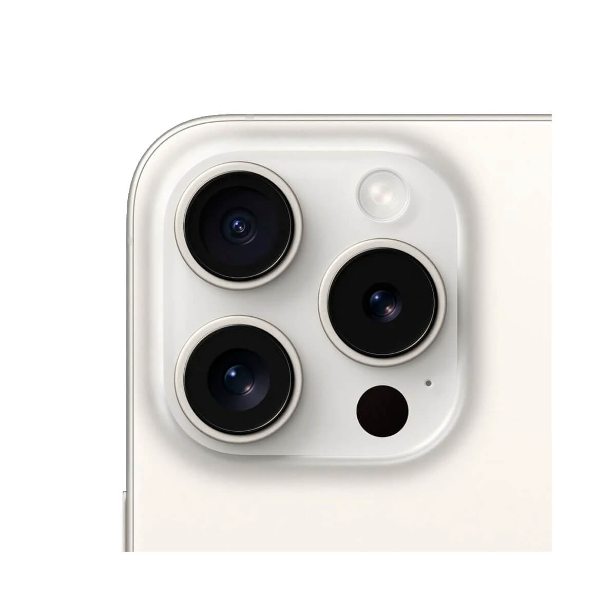 Zbliżenie białego telefonu z trzema czarnymi obiektywami aparatu i lampą błyskową na białym tle.