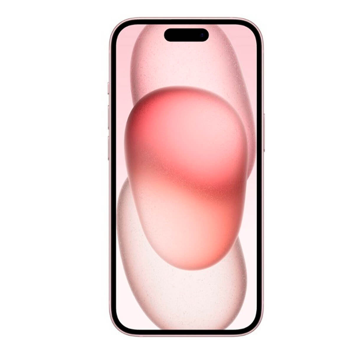 Różowy iPhone z abstrakcyjnymi różowymi kształtami na ekranie, białe tło.