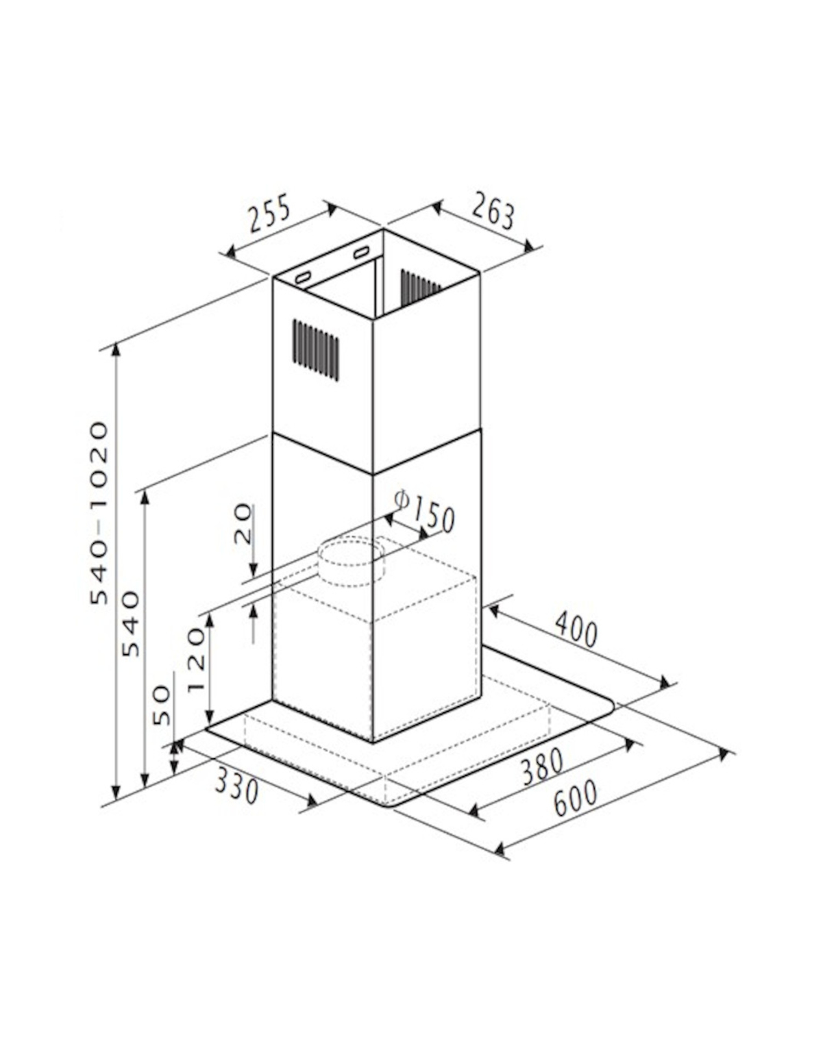 Diagramm einer Dunstabzugshaube mit Abmessungen und Maßen in Millimetern. Weißer Hintergrund.