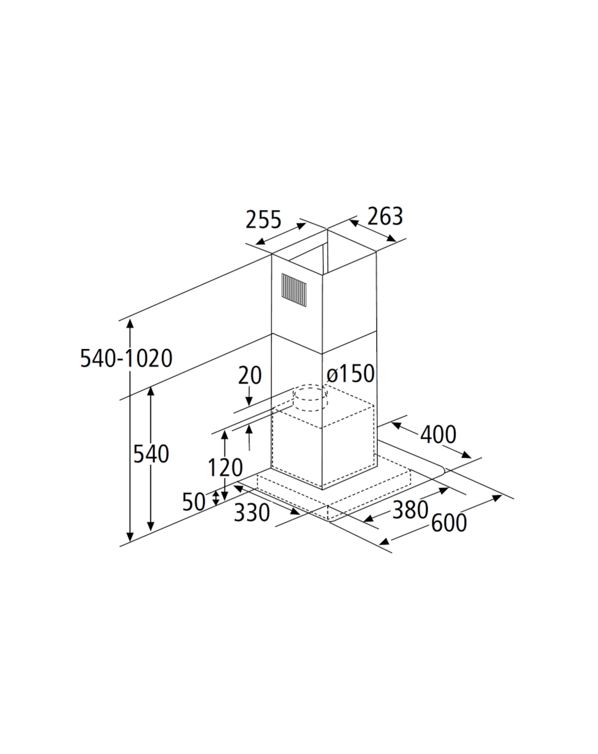 Technische Zeichnung einer Dunstabzugshaube mit Abmessungen, zeigt ein rechteckiges Design mit Kamin.