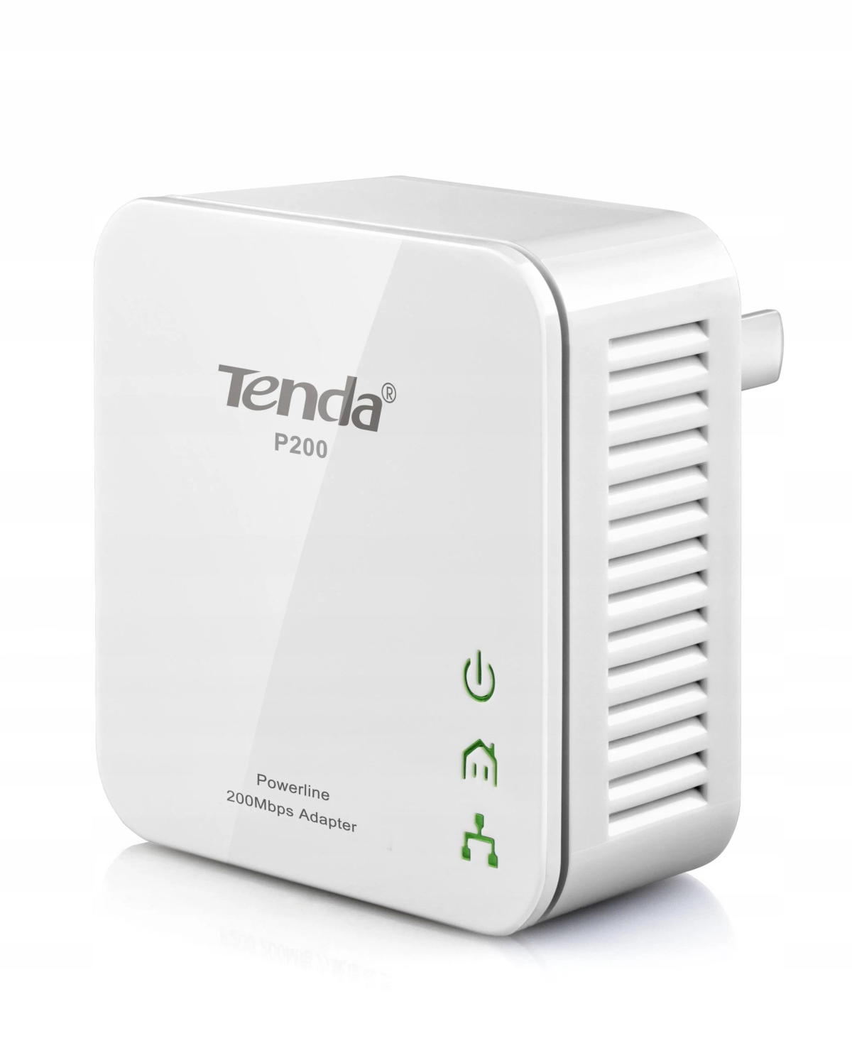 Adattatore Powerline bianco con luci verdi e il logo Tenda, su sfondo bianco.