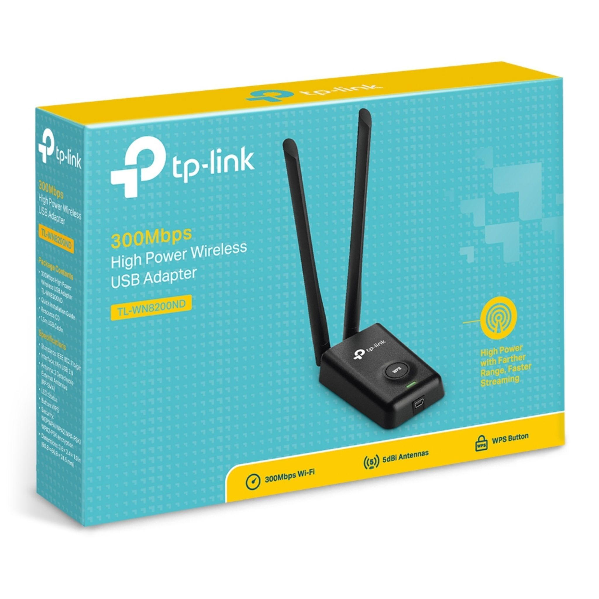 Una caja blanca y azul con un adaptador USB inalámbrico dentro.
