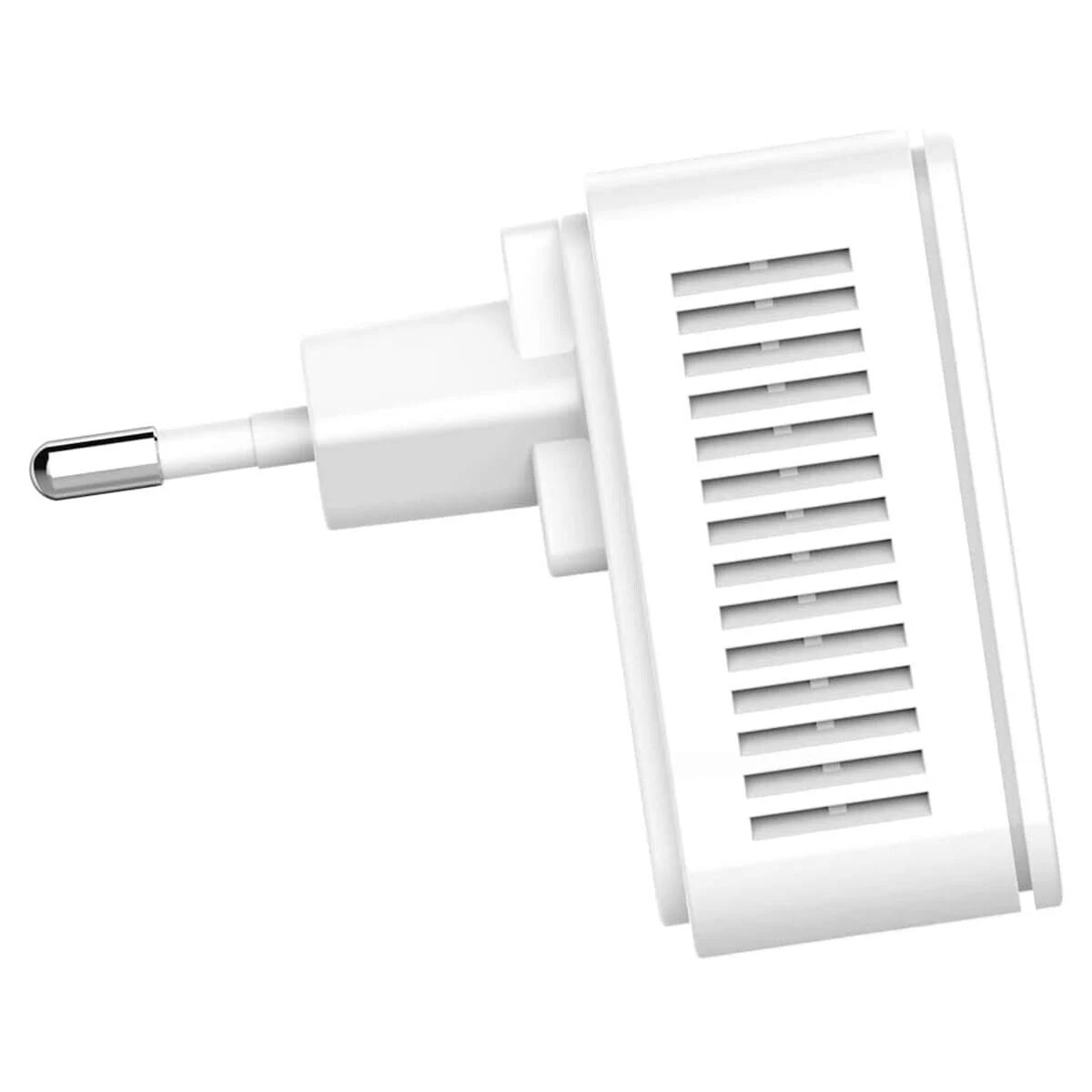 Un adattatore di alimentazione bianco con spina. Ha un corpo rettangolare con fessure e un perno argentato.
