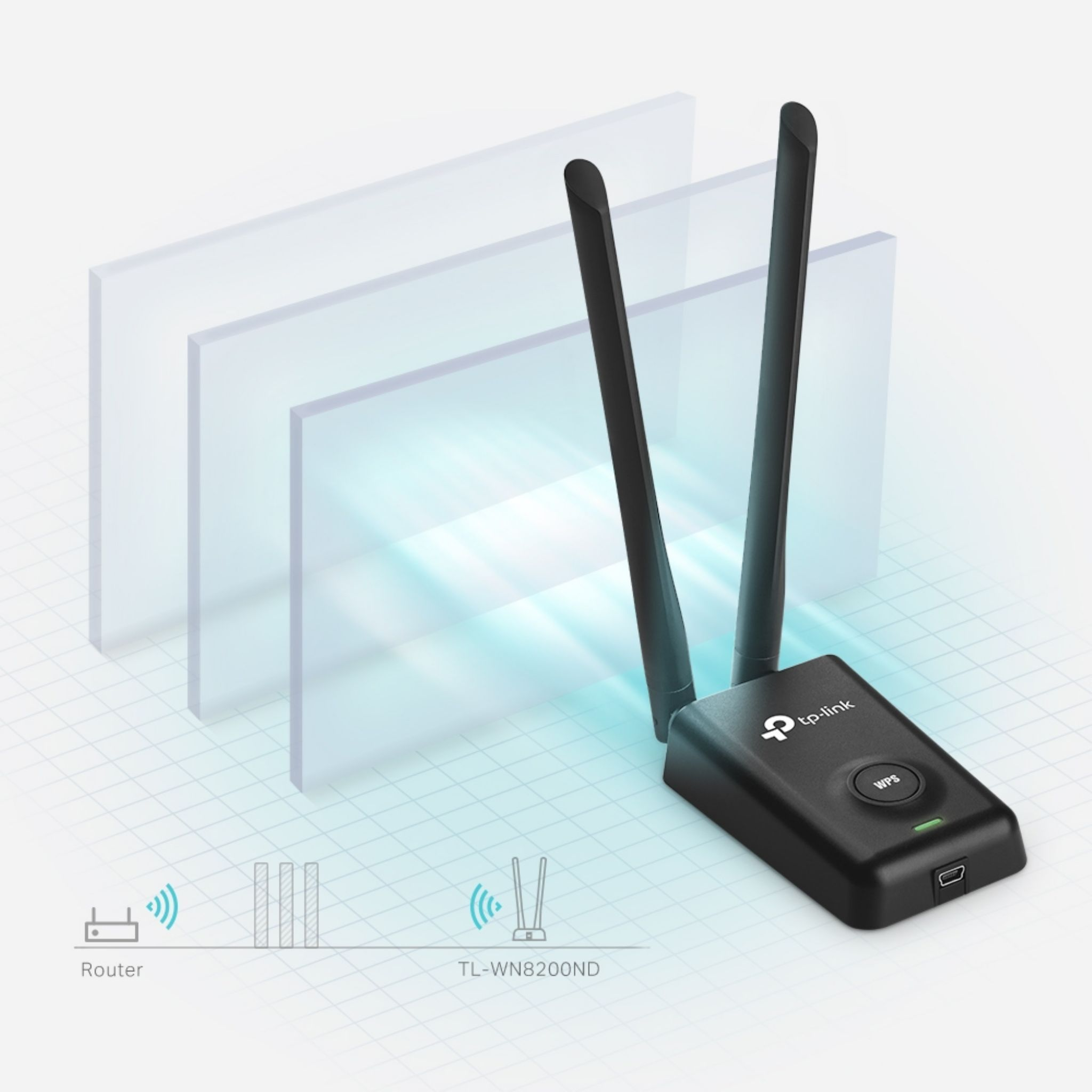 Un adaptador de red TP-Link negro con antenas. El adaptador está sobre un fondo blanco.