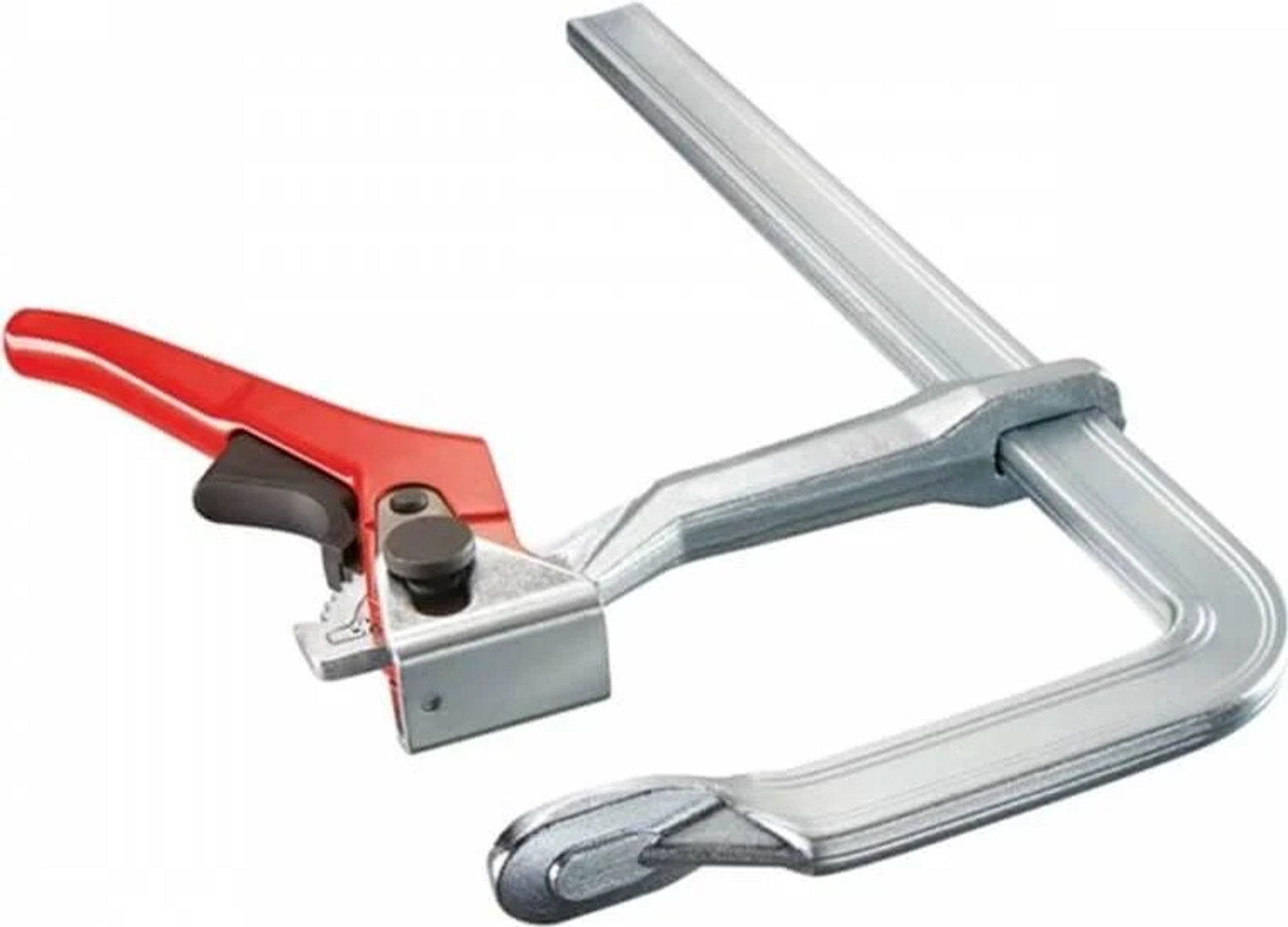 Metallklemme mit rotem Griff. Es hat einen Schraubmechanismus und eine weite Öffnung.
