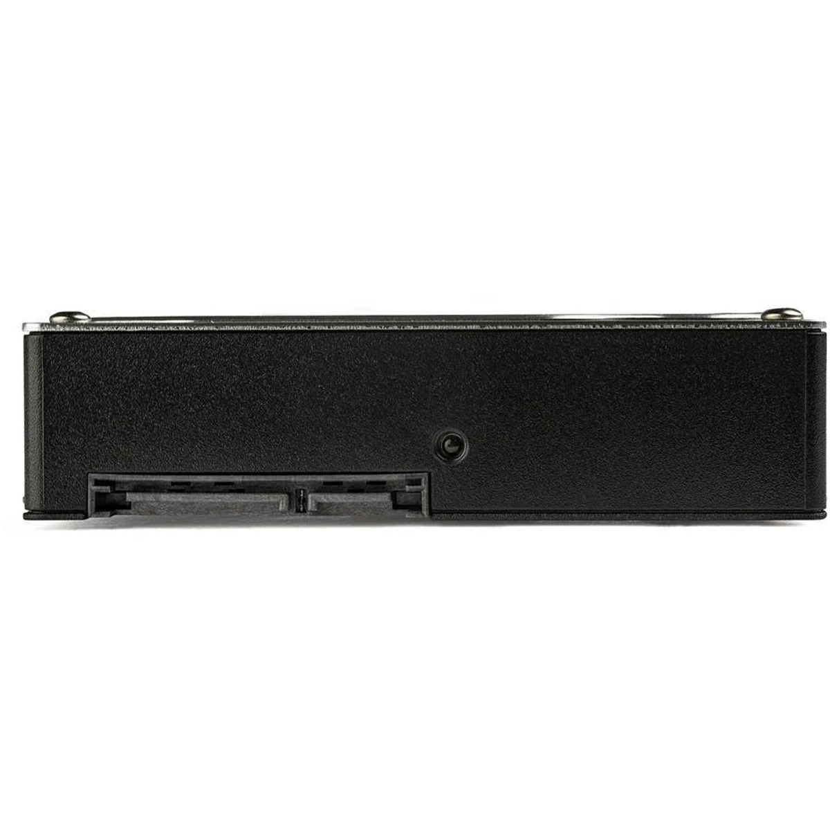 Ein schwarzes elektronisches Gerät, möglicherweise ein Festplattengehäuse, mit Anschlüssen.