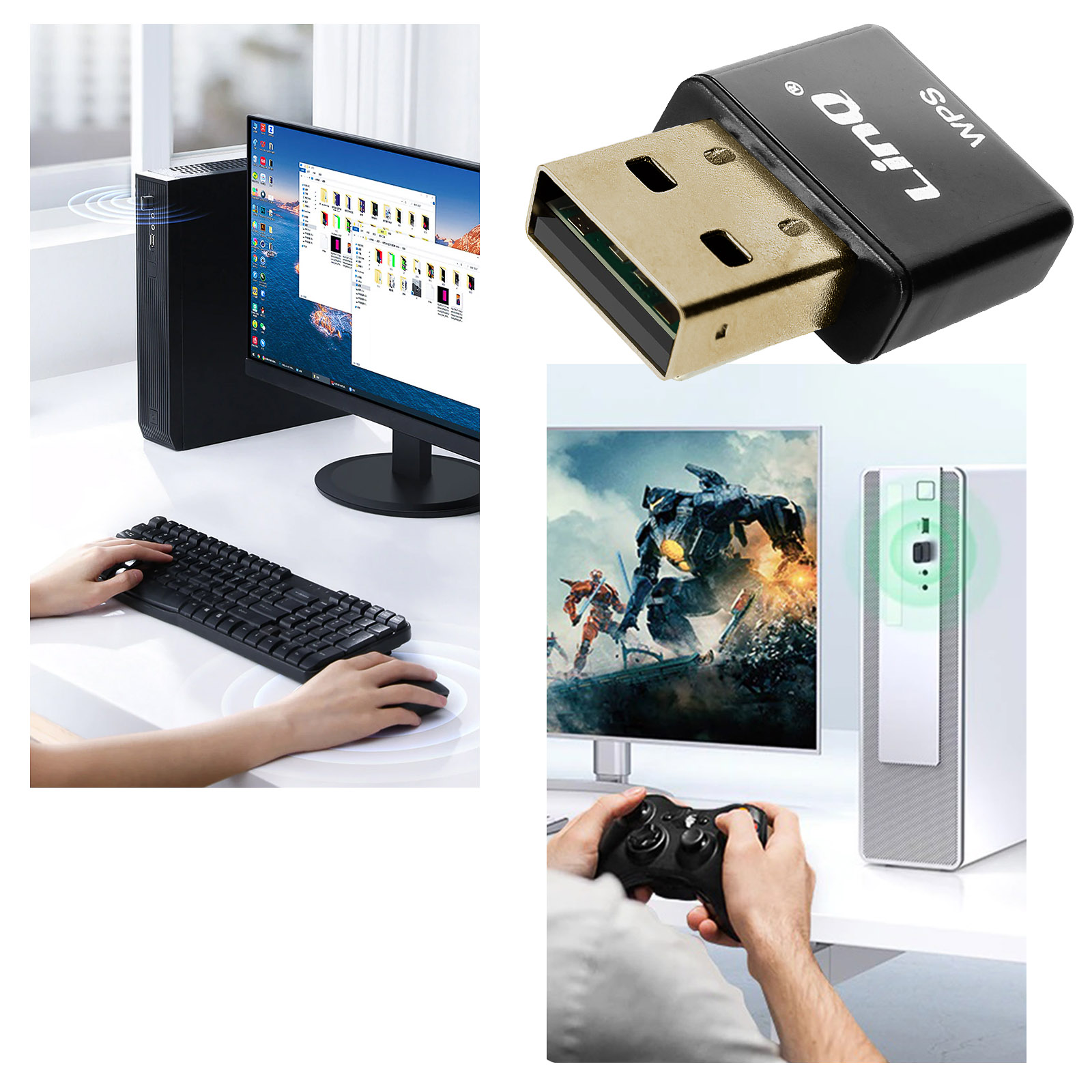 Configuración de computadora. Adaptador USB, monitor, teclado y un juego en juego.