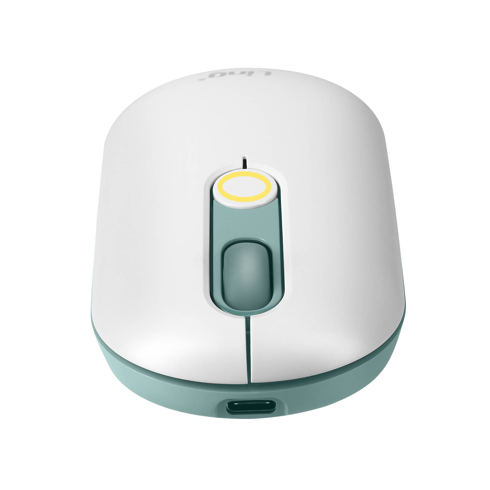 Mouse wireless bianco e verde acqua con rotella di scorrimento e porta USB-C.