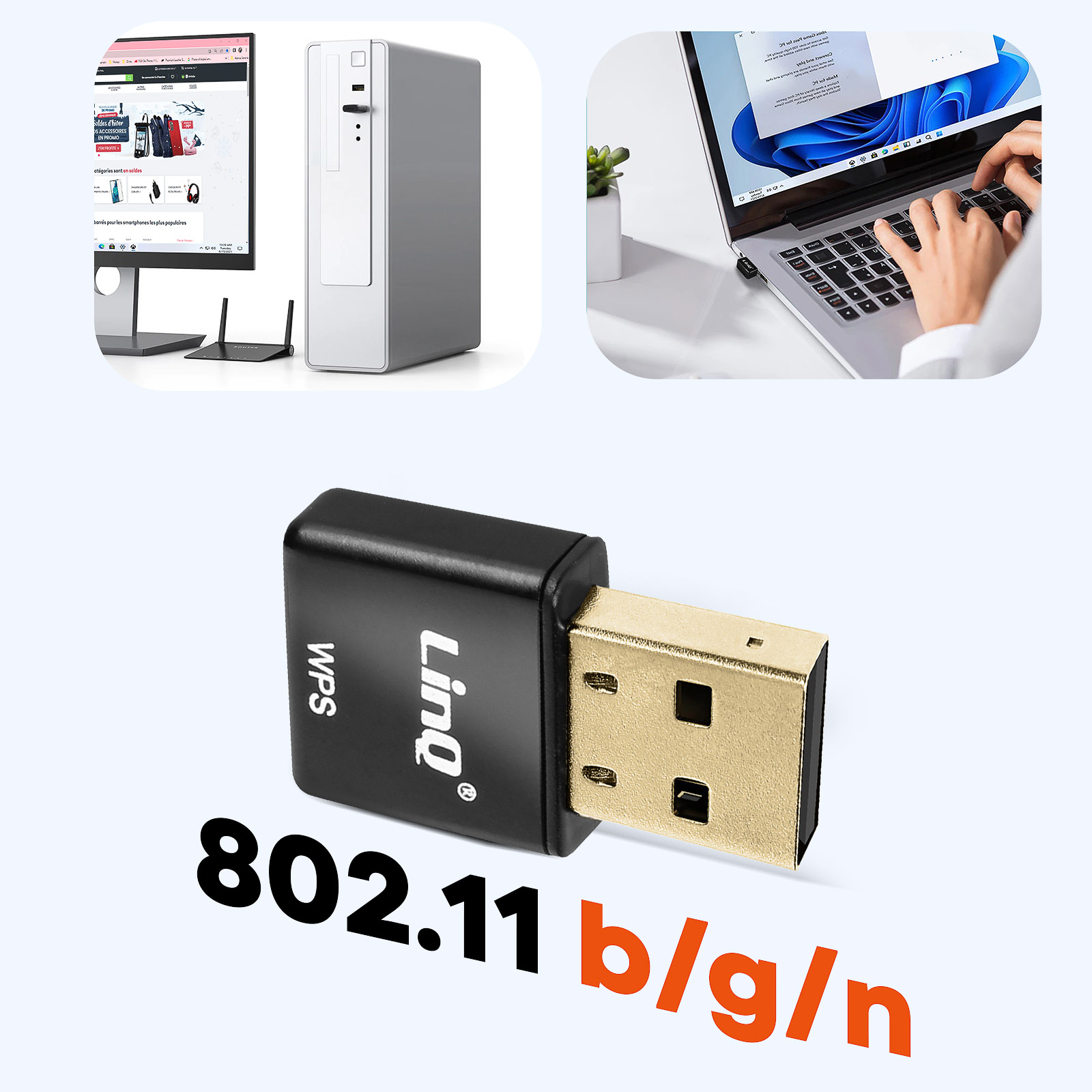 Composición con adaptador USB, ordenador y portátil, con texto en la parte inferior.