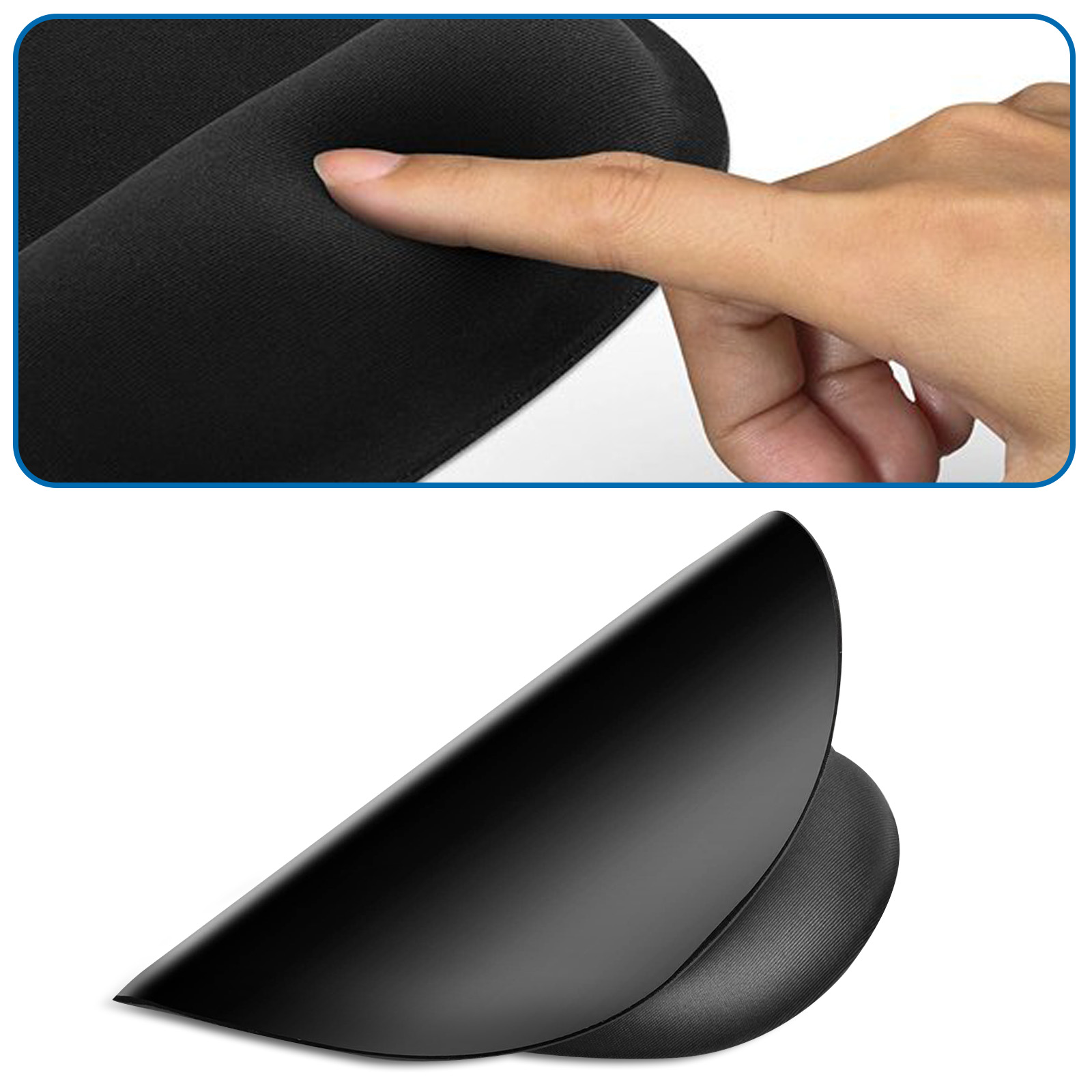 Eine Hand berührt eine schwarze, ergonomische Handgelenkauflage. Darunter ein schwarzes Mauspad mit geschwungenem Design.