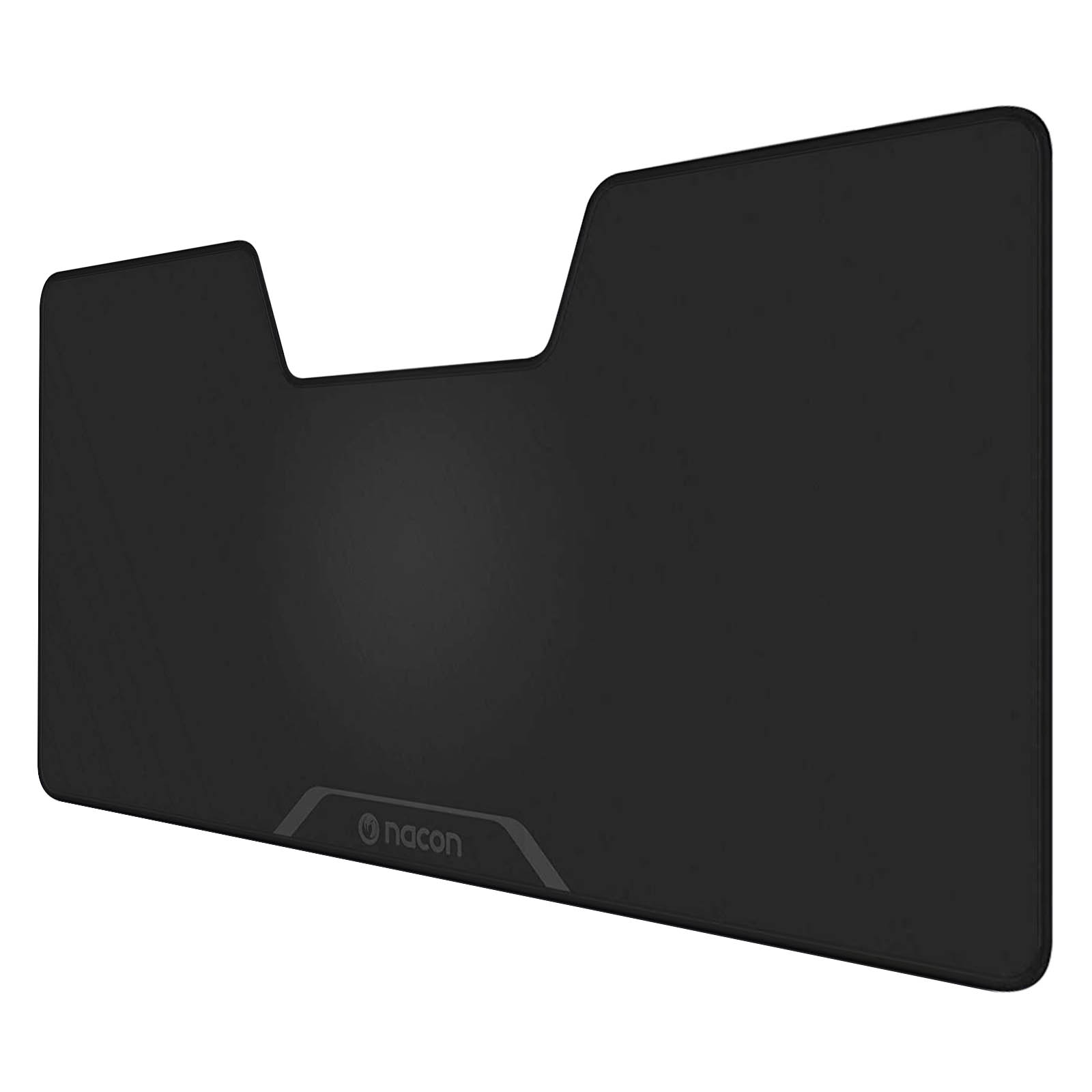Czarna podkładka pod mysz dla graczy z wycięciem na nadgarstek użytkownika, z logo Nacon.