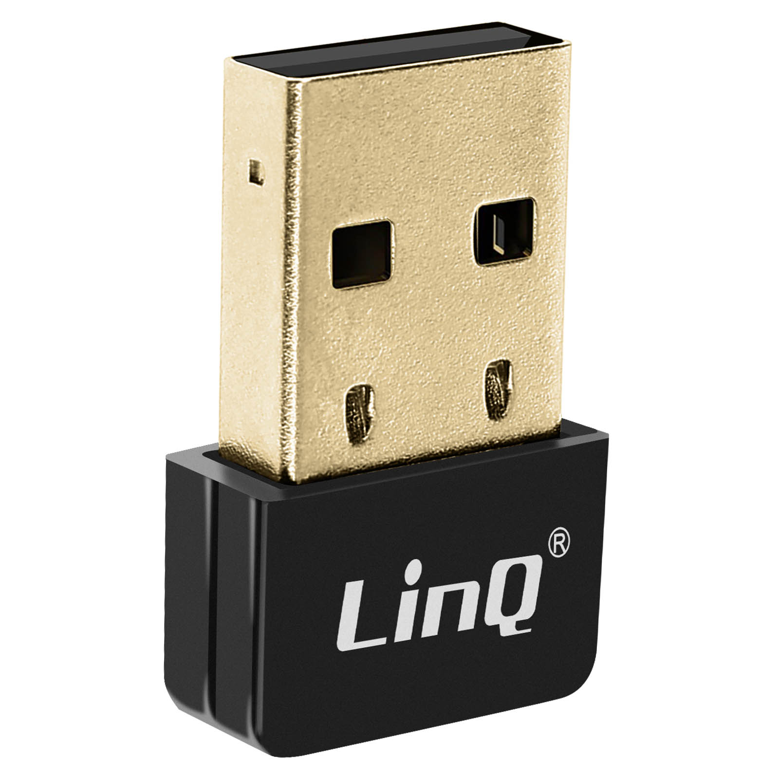 Adaptador USB LinQ negro y dorado. El logotipo de LinQ es visible.