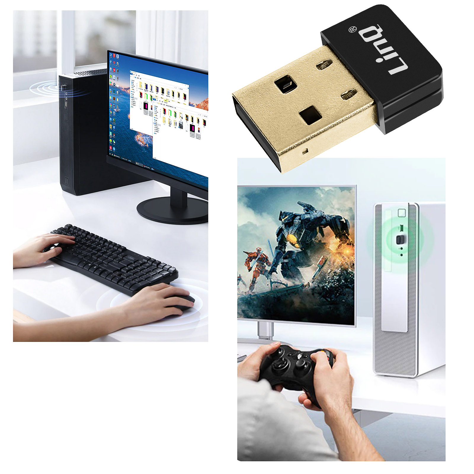 Un adaptador inalámbrico USB. Una computadora con monitor, teclado y mouse. Una consola de juegos y controlador.