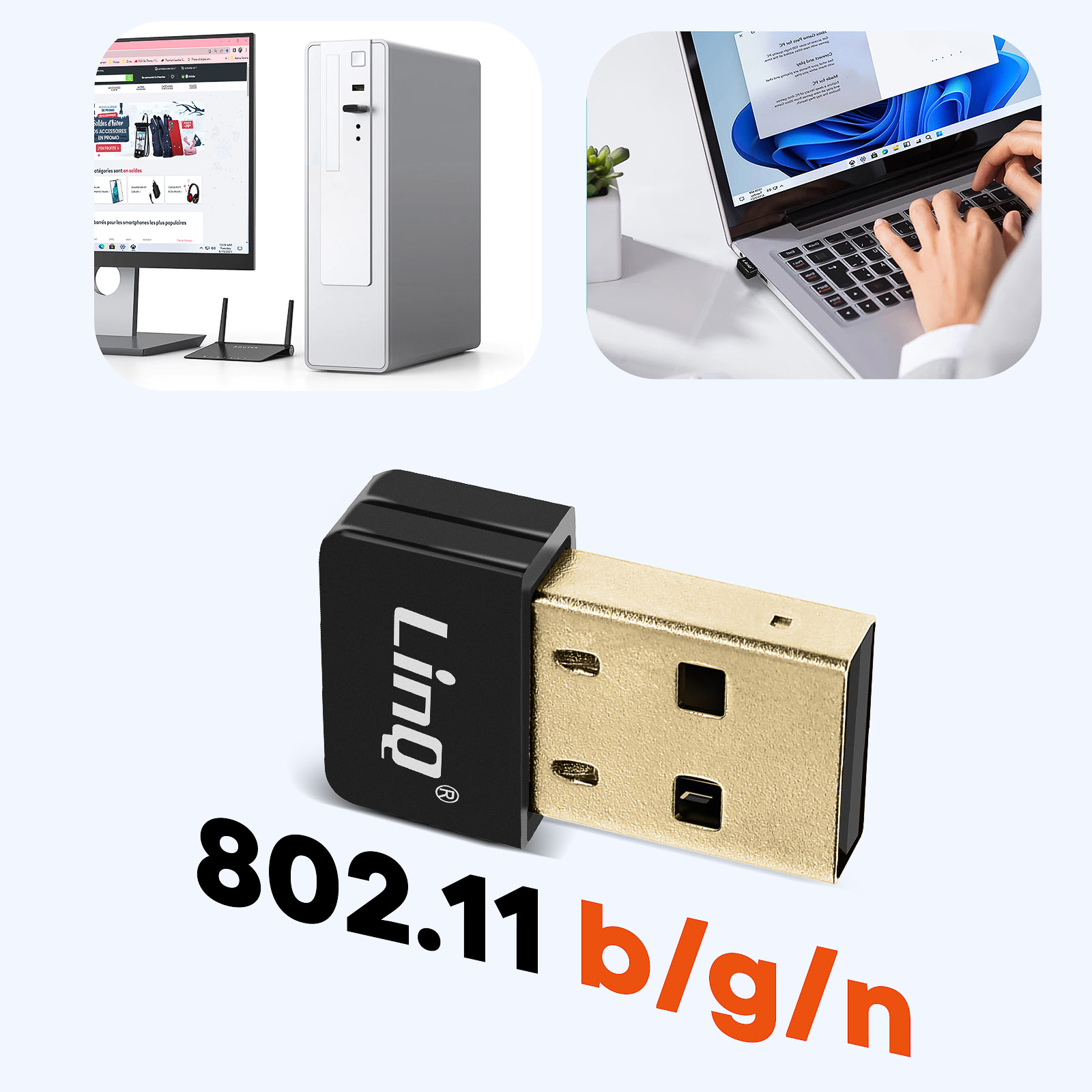 Un adaptador USB negro y dorado, con una pantalla de ordenador, un escritorio y un portátil en el fondo.