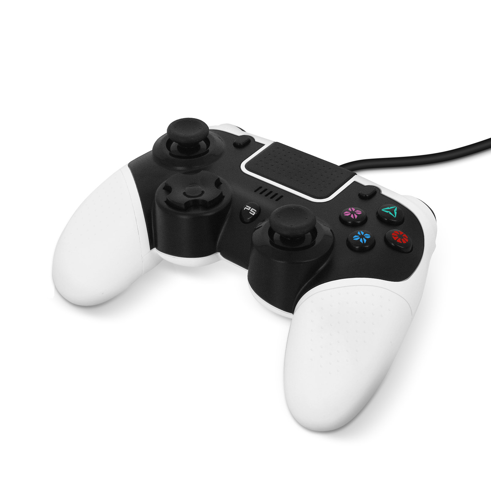 Mando PS4 blanco y negro con botones, palancas y un cable.