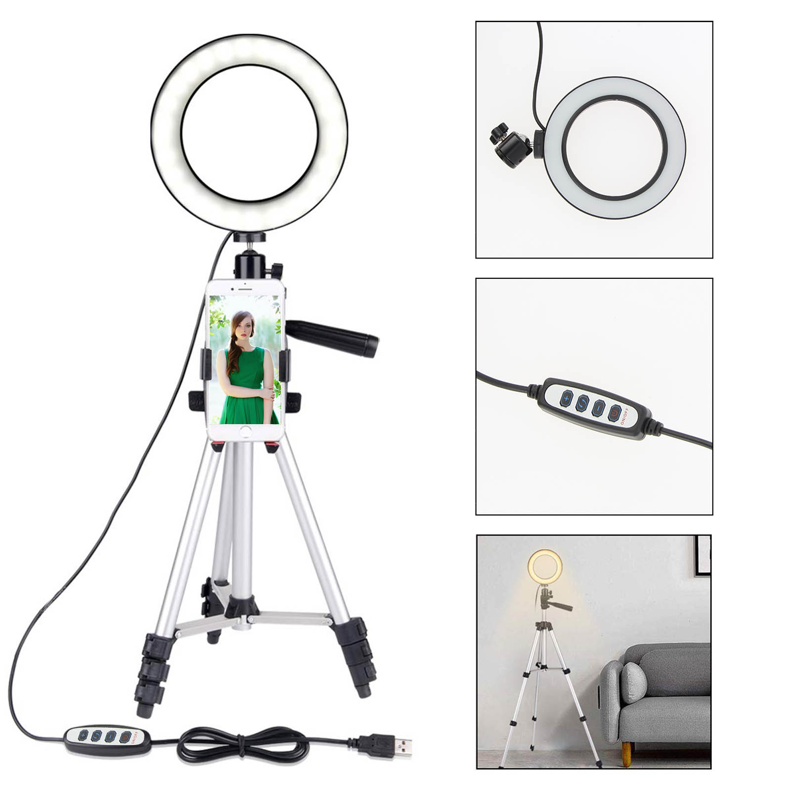 Configuration d'anneau lumineux avec téléphone, trépied et contrôleur, avec exemples.