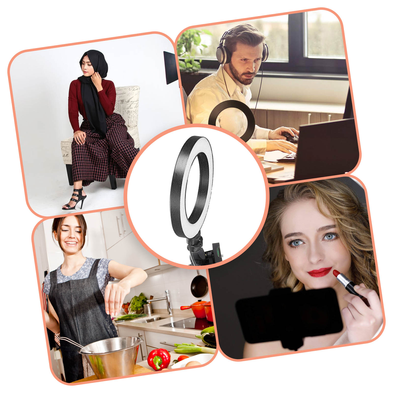 Un collage de personnes utilisant une lampe annulaire, dont une personne portant un hijab.